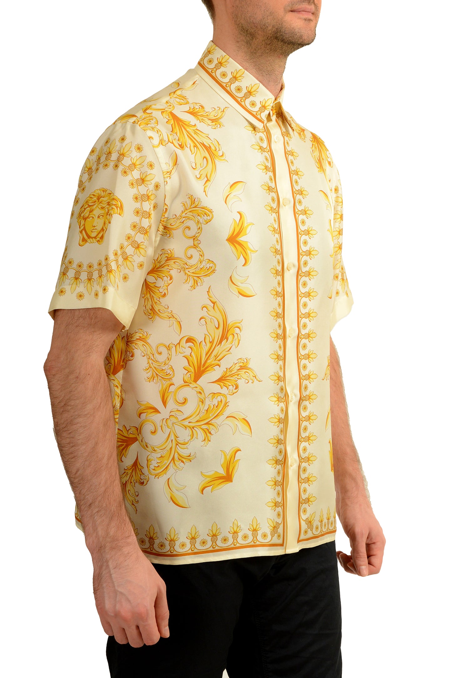 Versace Men's Signature Print Ivory & Gold 100% Silk Shirt US 3XL IT 58