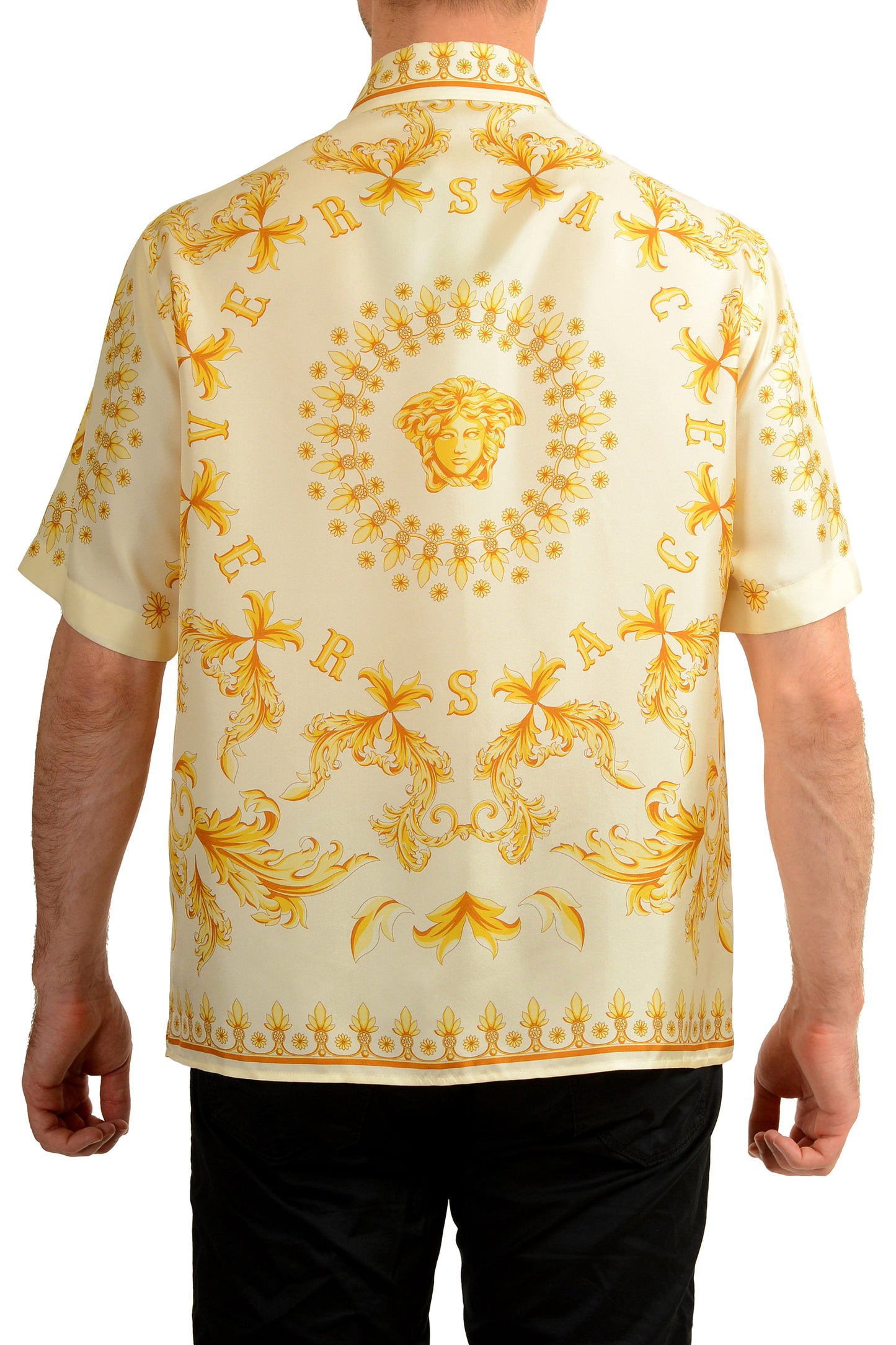 Versace Men's Signature Print Ivory & Gold 100% Silk Shirt US 3XL IT 58