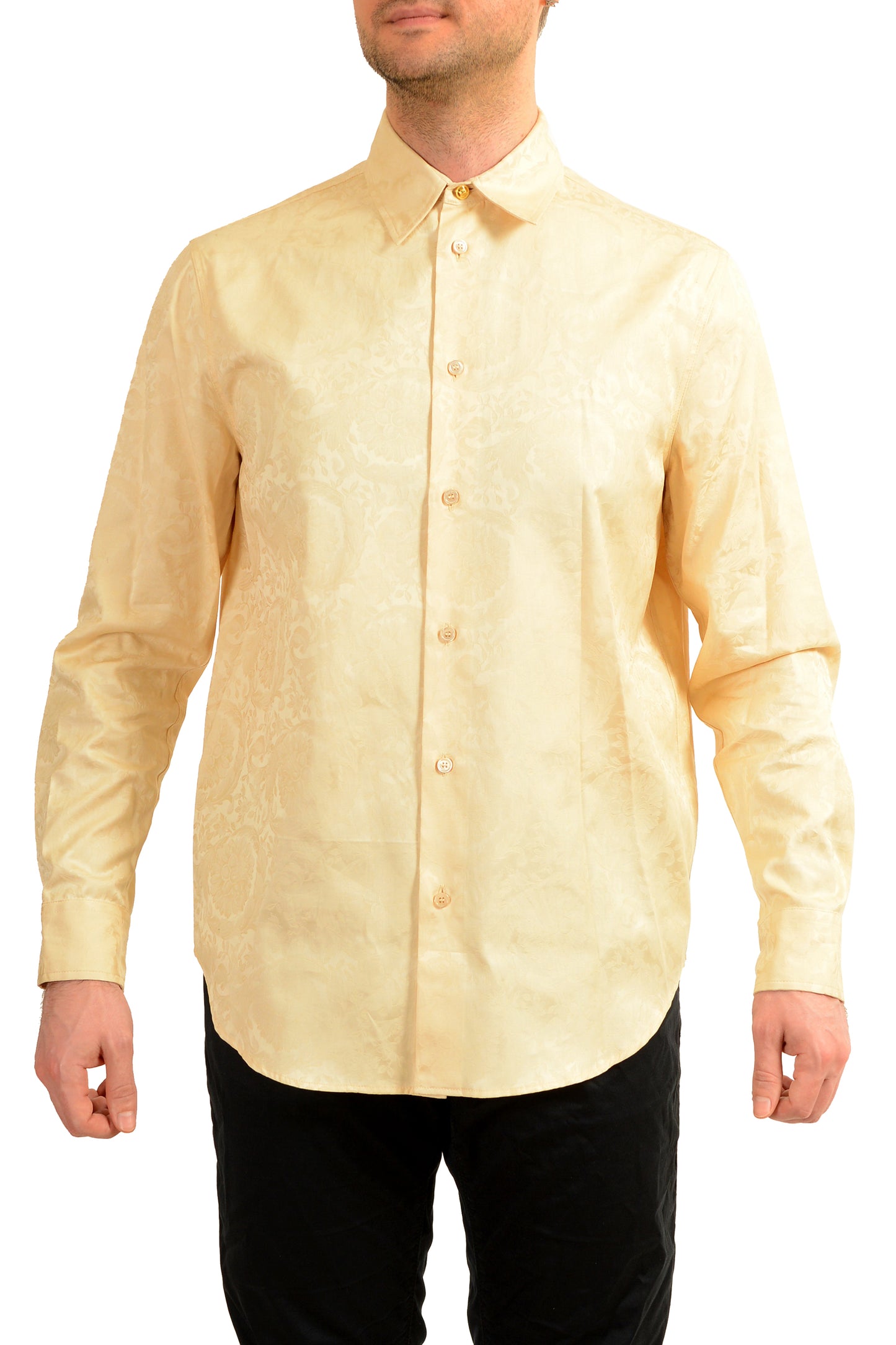 Versace Men's Beige Allover Barocco Print Long Sleeve Casual Shirt US S IT 48