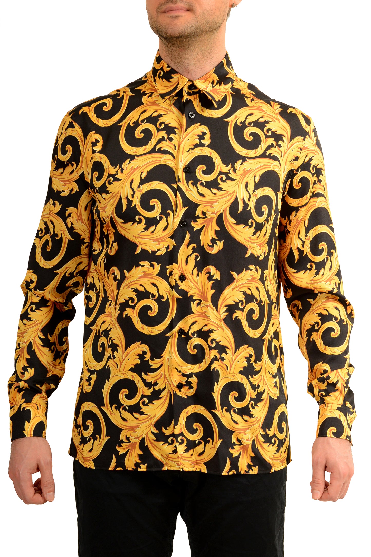 Versace Men's Black & Gold Barocco Print Long Sleeve Shirt US M IT 50