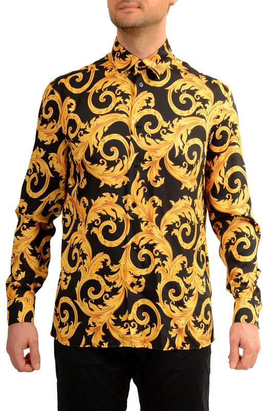 Versace Men's Black & Gold Barocco Print Long Sleeve Shirt US M IT 50