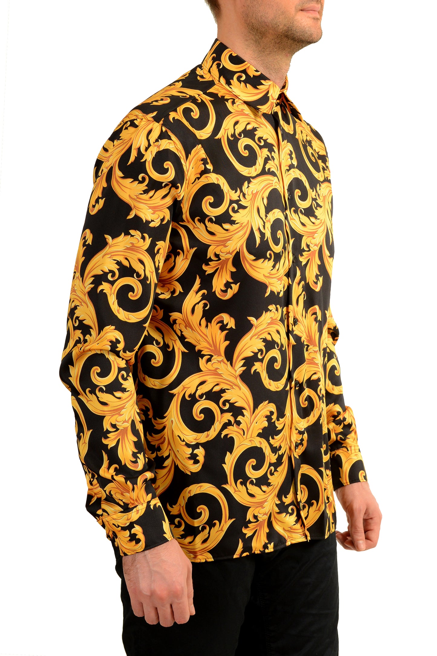 Versace Men's Black & Gold Barocco Print Long Sleeve Shirt US M IT 50