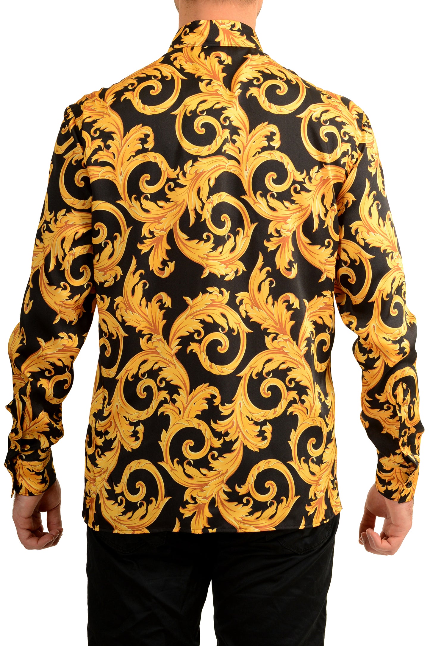 Versace Men's Black & Gold Barocco Print Long Sleeve Shirt US M IT 50