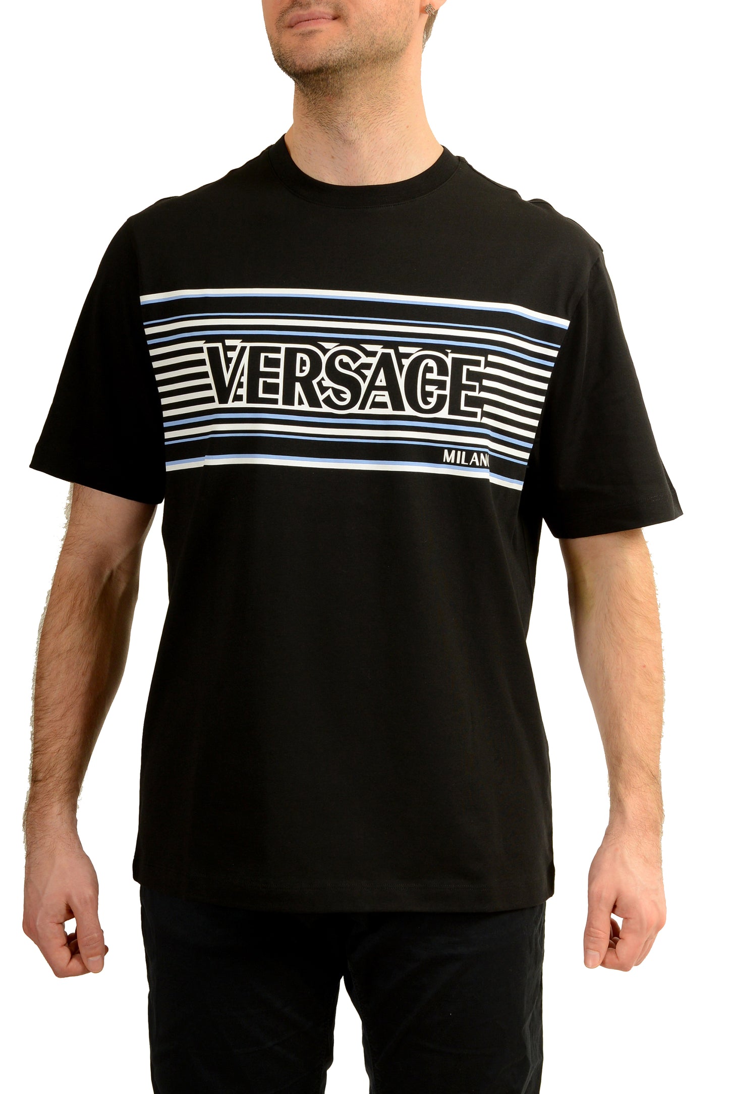 Versace Men's Logo Print Black Crewneck Short Sleeve T-Shirt US L IT 52
