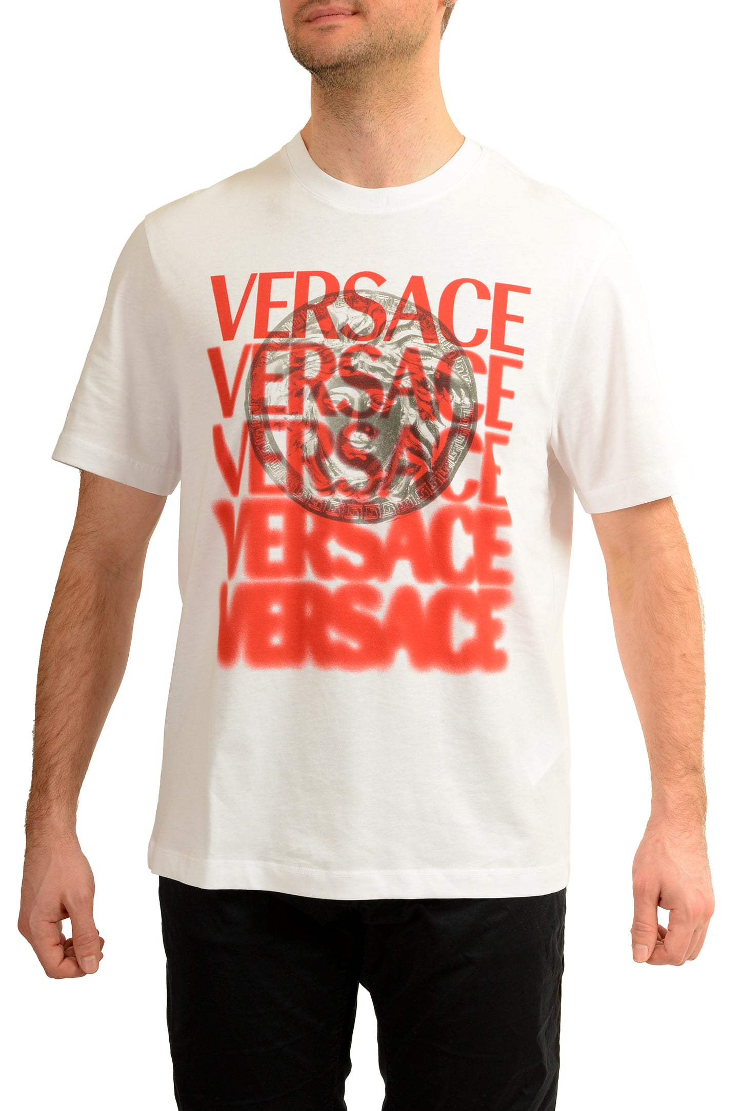 Versace Men's Logo Print White Crewneck Short Sleeve T-Shirt US M IT 50