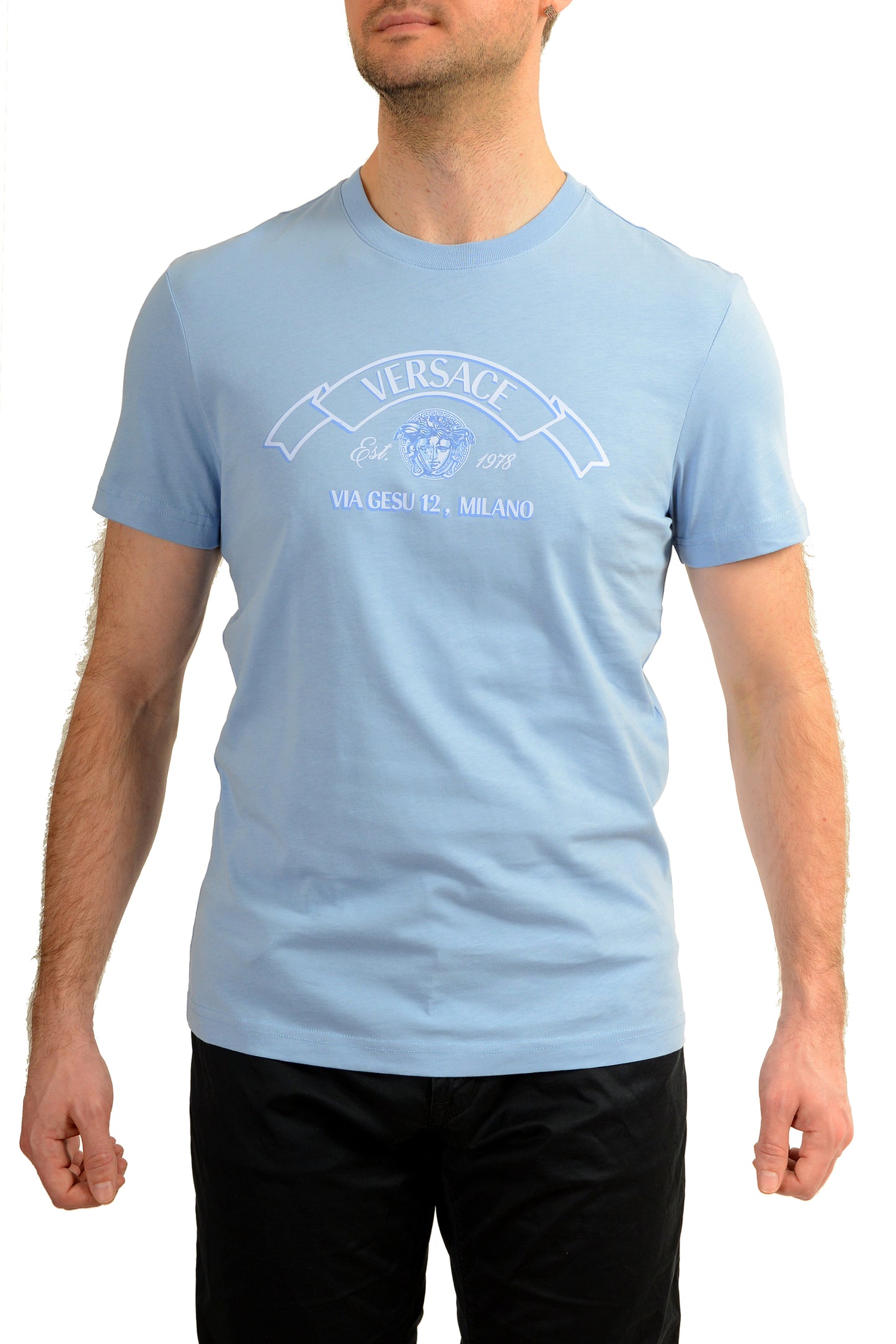 Versace Men's Logo Print Blue Crewneck Short Sleeve T-Shirt US L IT 52