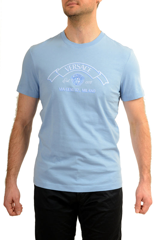 Versace Men's Logo Print Blue Crewneck Short Sleeve T-Shirt US L IT 52