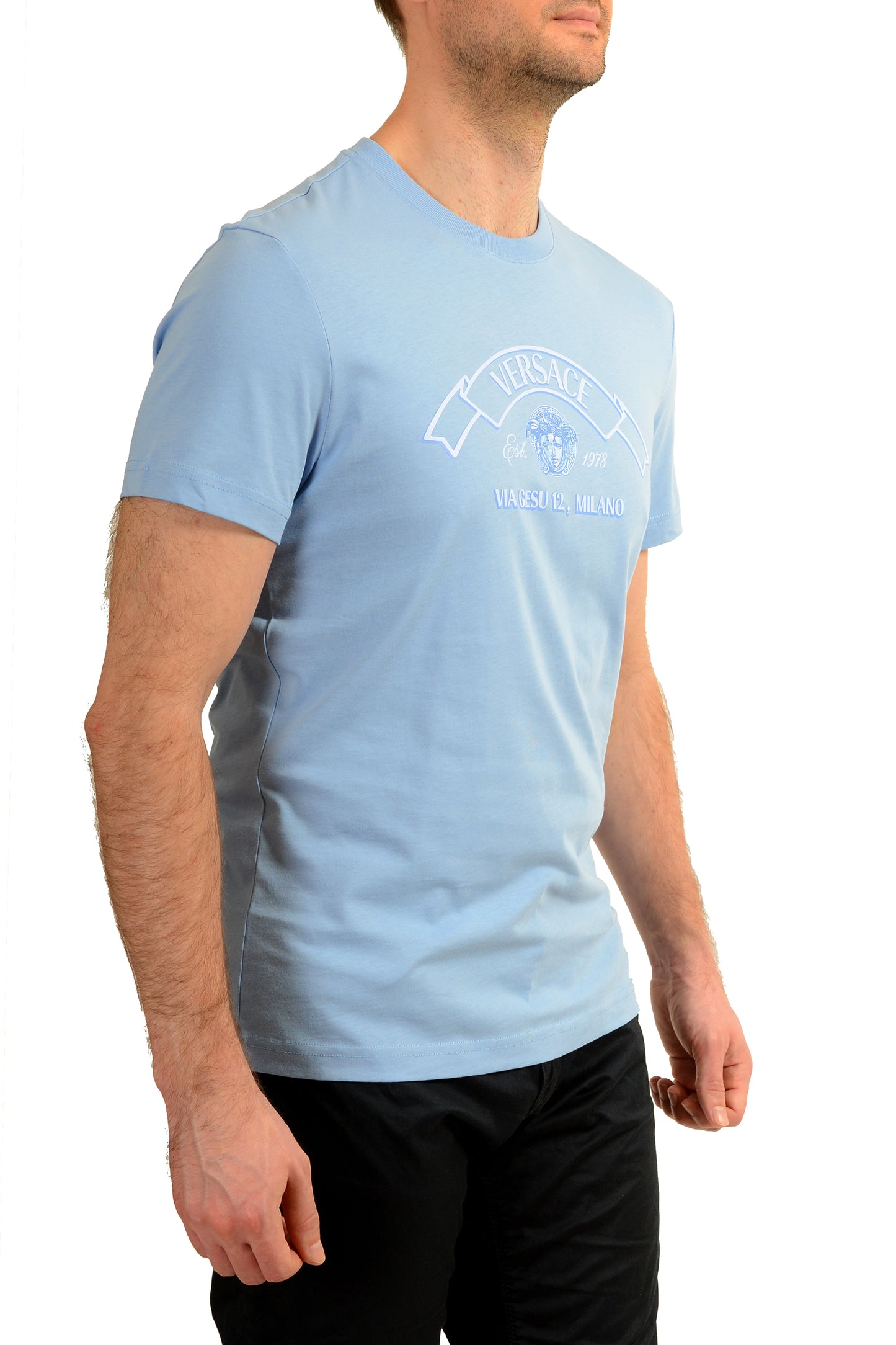 Versace Men's Logo Print Blue Crewneck Short Sleeve T-Shirt US L IT 52