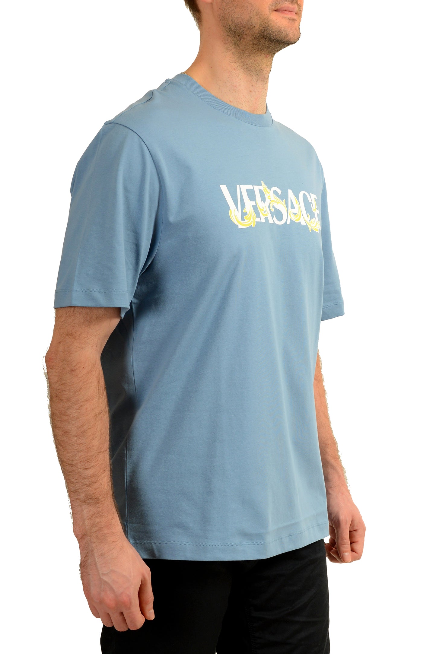 Versace Men's Logo Print Blue Crewneck Short Sleeve T-Shirt US M IT 50