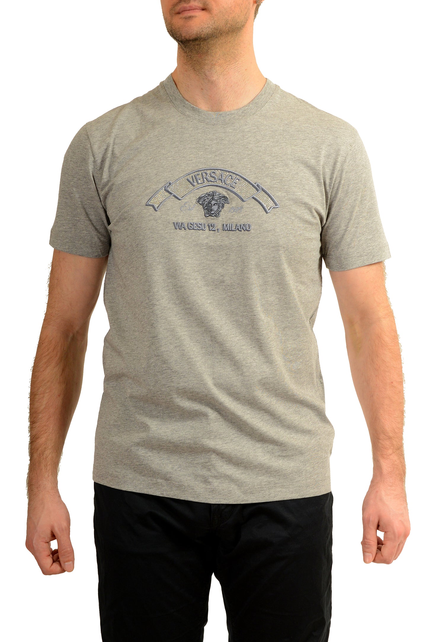 Versace Men's Strass Logo Print Gray Crewneck Short Sleeve T-Shirt US M IT 50