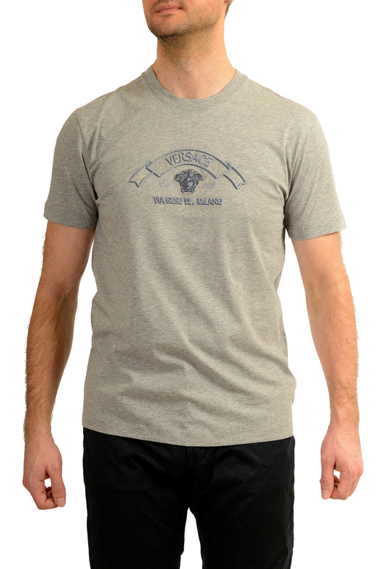 Versace Men's Strass Logo Print Gray Crewneck Short Sleeve T-Shirt US M IT 50