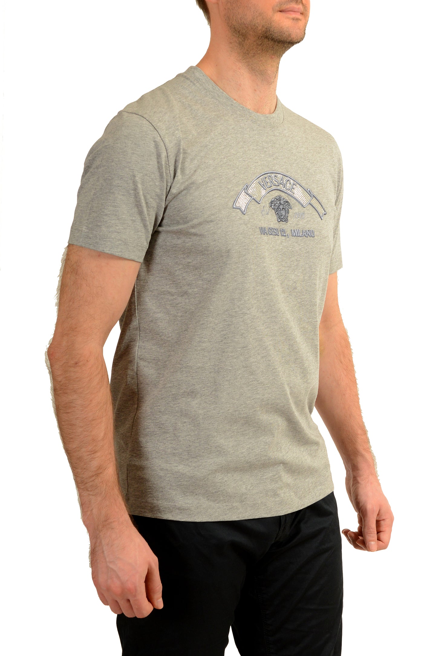 Versace Men's Strass Logo Print Gray Crewneck Short Sleeve T-Shirt US M IT 50