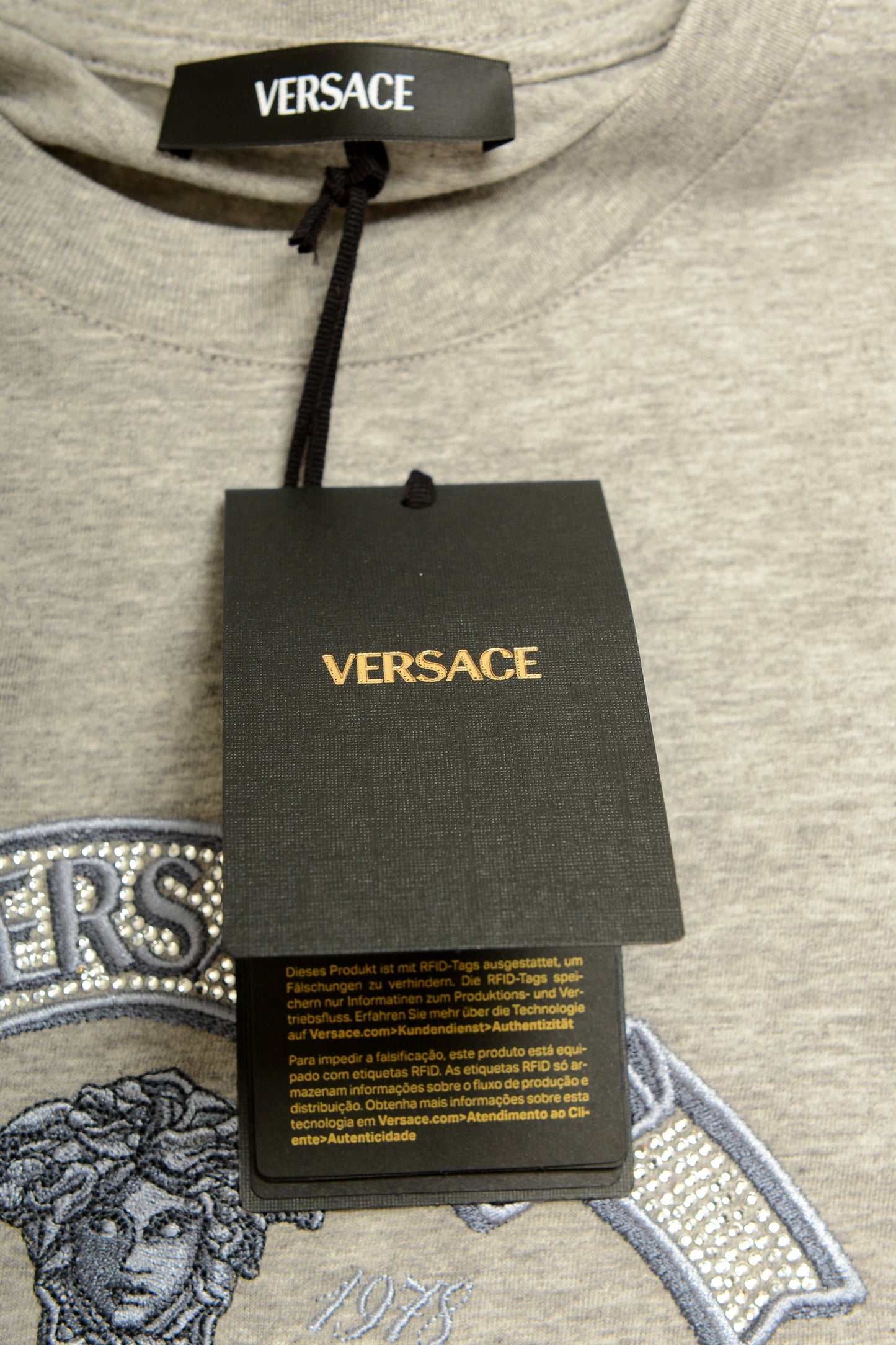 Versace Men's Strass Logo Print Gray Crewneck Short Sleeve T-Shirt US M IT 50