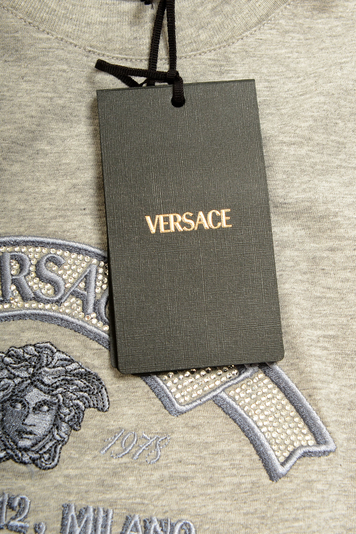 Versace Men's Strass Logo Print Gray Crewneck Short Sleeve T-Shirt US M IT 50