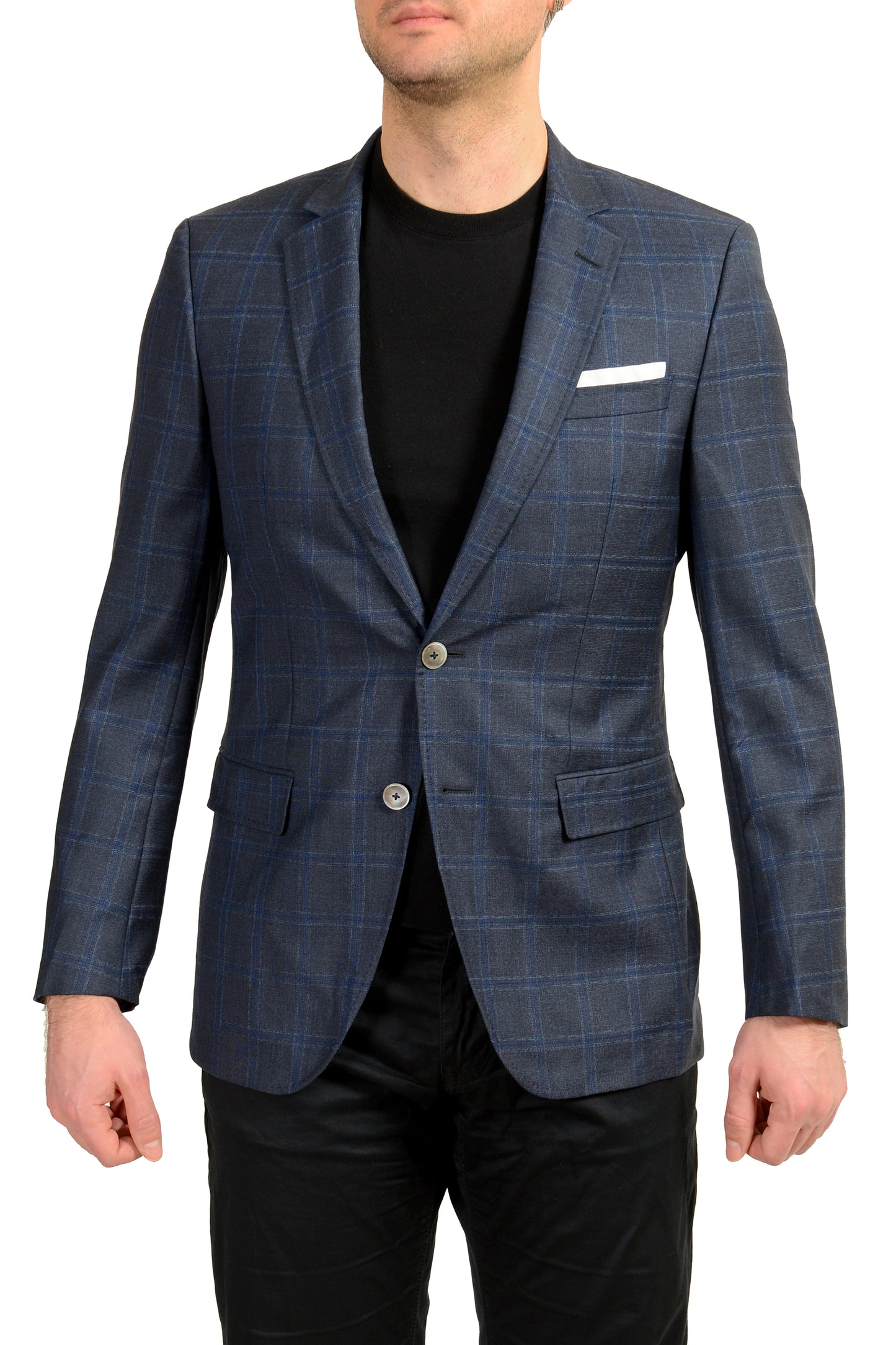 Hugo Boss Men's "Hutsons4" 100% Wool Blue Plaid Two Button Blazer US 38R IT 48R
