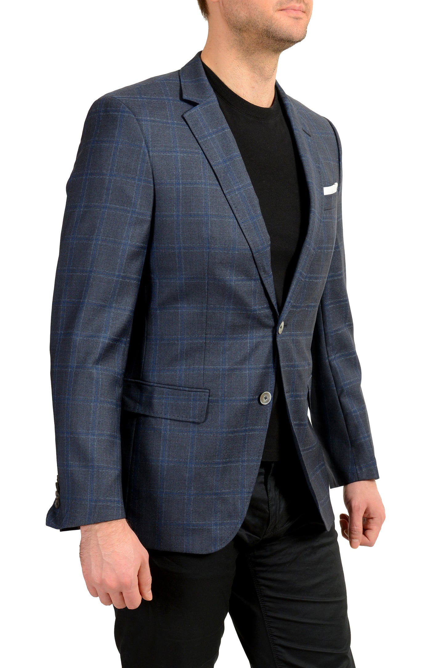 Hugo Boss Men's "Hutsons4" 100% Wool Blue Plaid Two Button Blazer US 38R IT 48R
