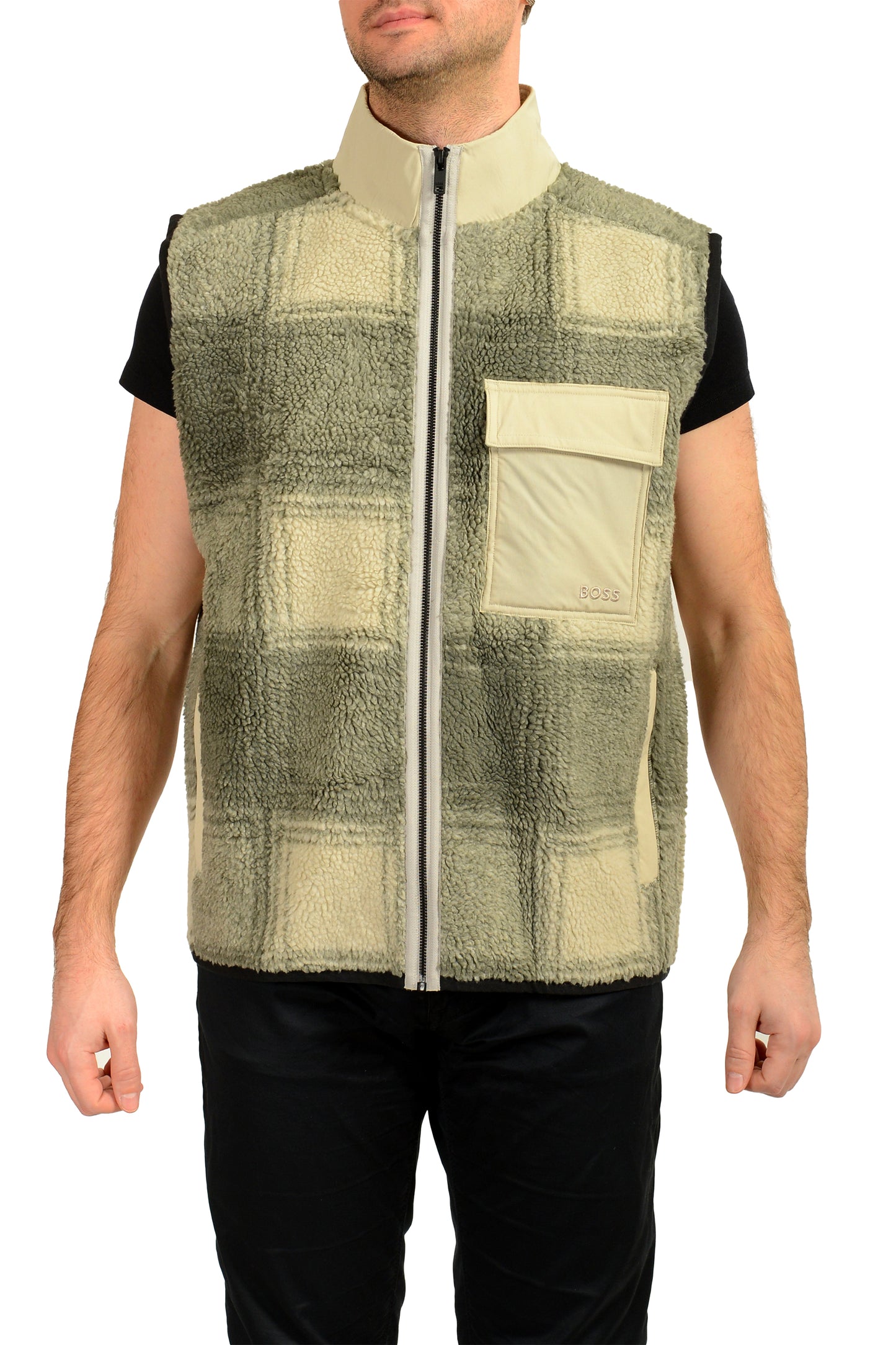Hugo Boss "Ze_Check" Men's Full Zip Multi-Color Sherpa Vest US M IT 50
