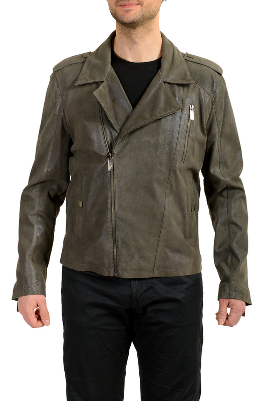 Versace Collection Men's 100% Leather Gray Full Zip Bomber Jacket US XL IT 54