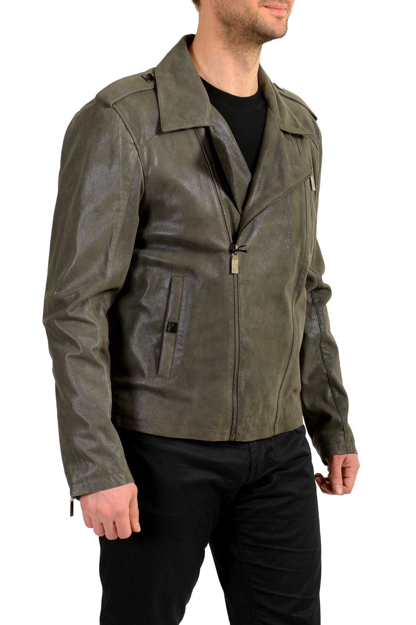 Versace Collection Men's 100% Leather Gray Full Zip Bomber Jacket US XL IT 54