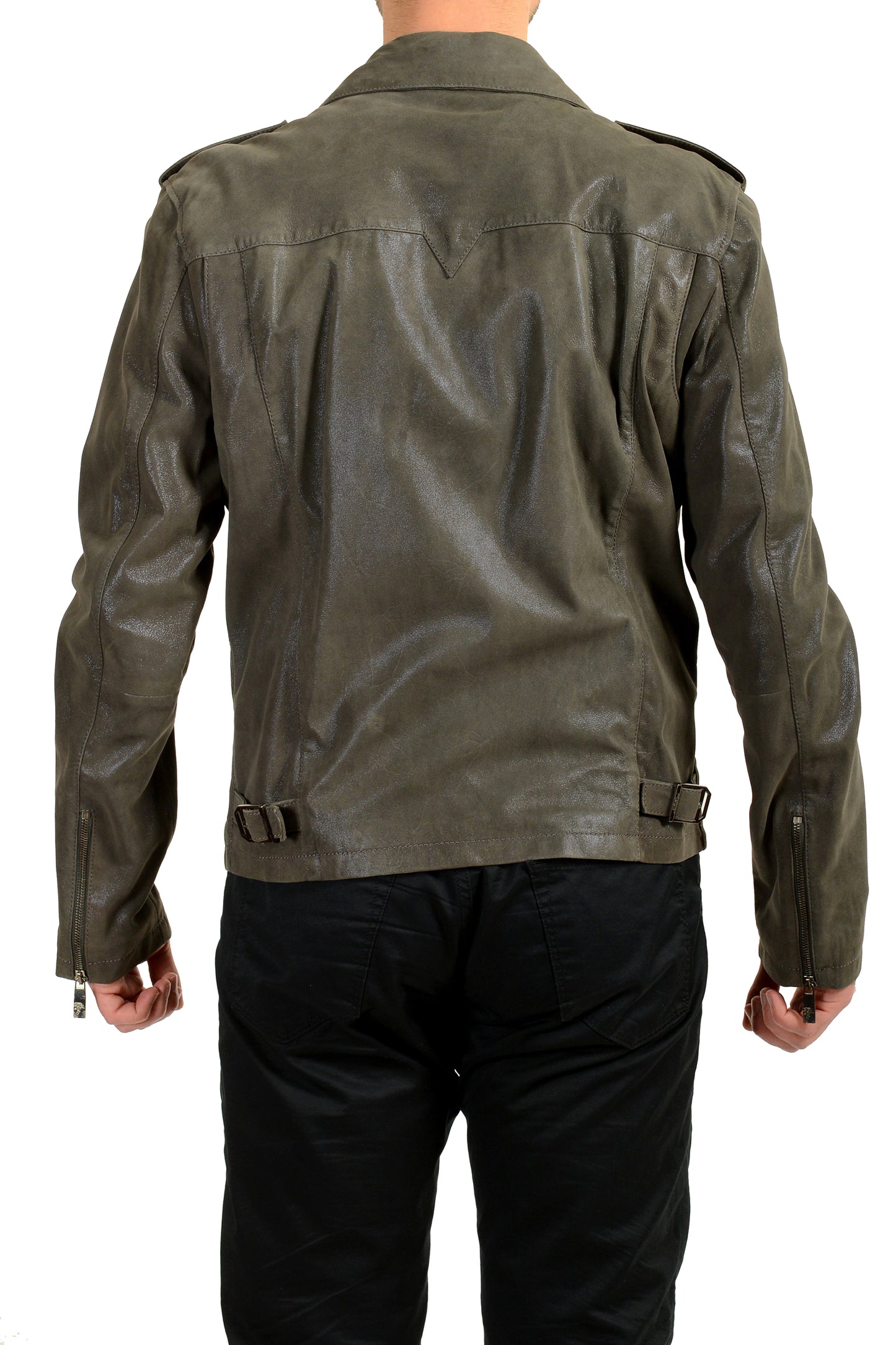 Versace Collection Men's 100% Leather Gray Full Zip Bomber Jacket US XL IT 54