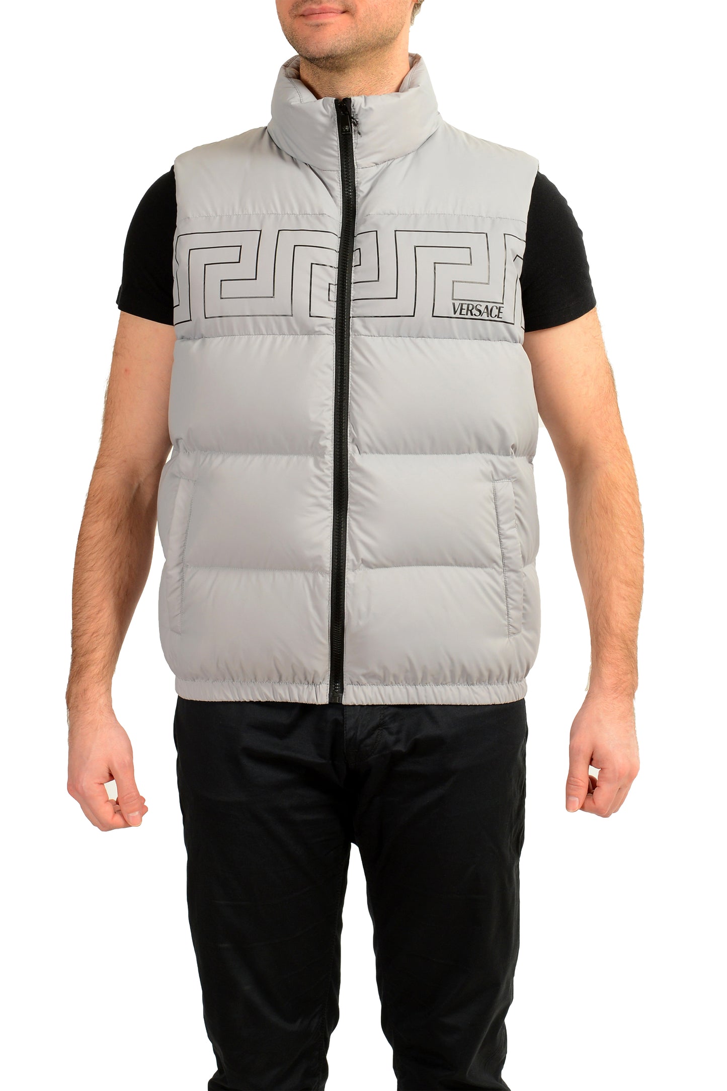 Versace Men's Gray Greca Print Down Sleeveless Jacket Puffer Vest US S IT 48