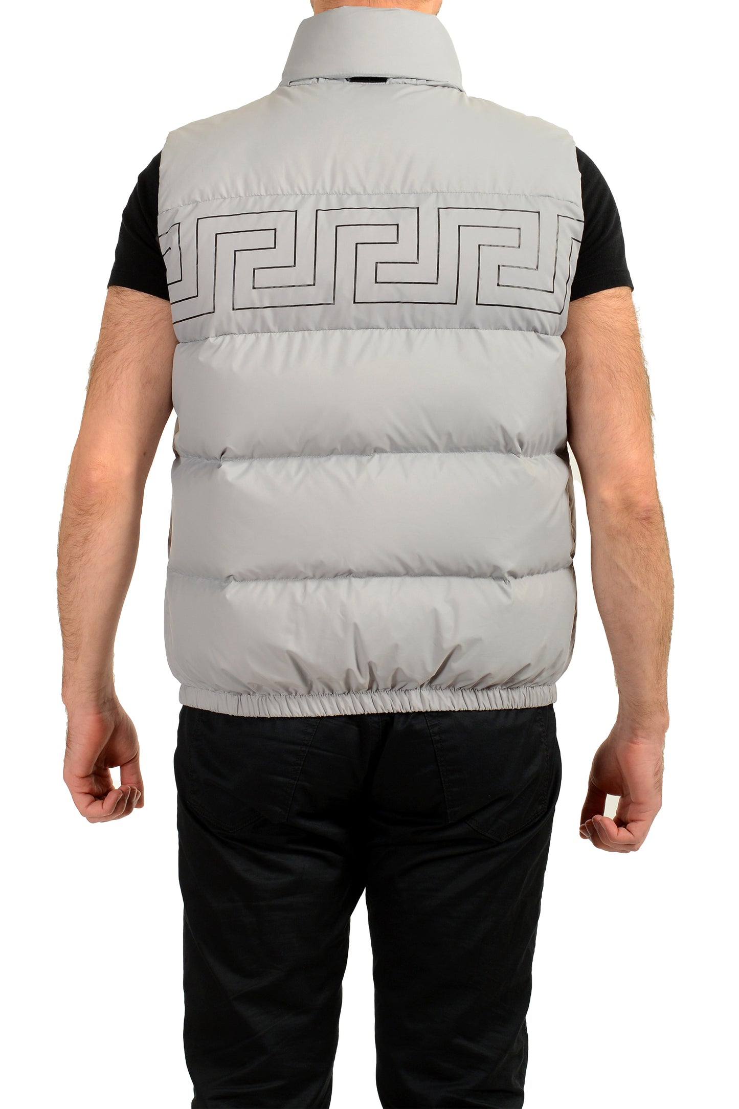 Versace Men's Gray Greca Print Down Sleeveless Jacket Puffer Vest US S IT 48