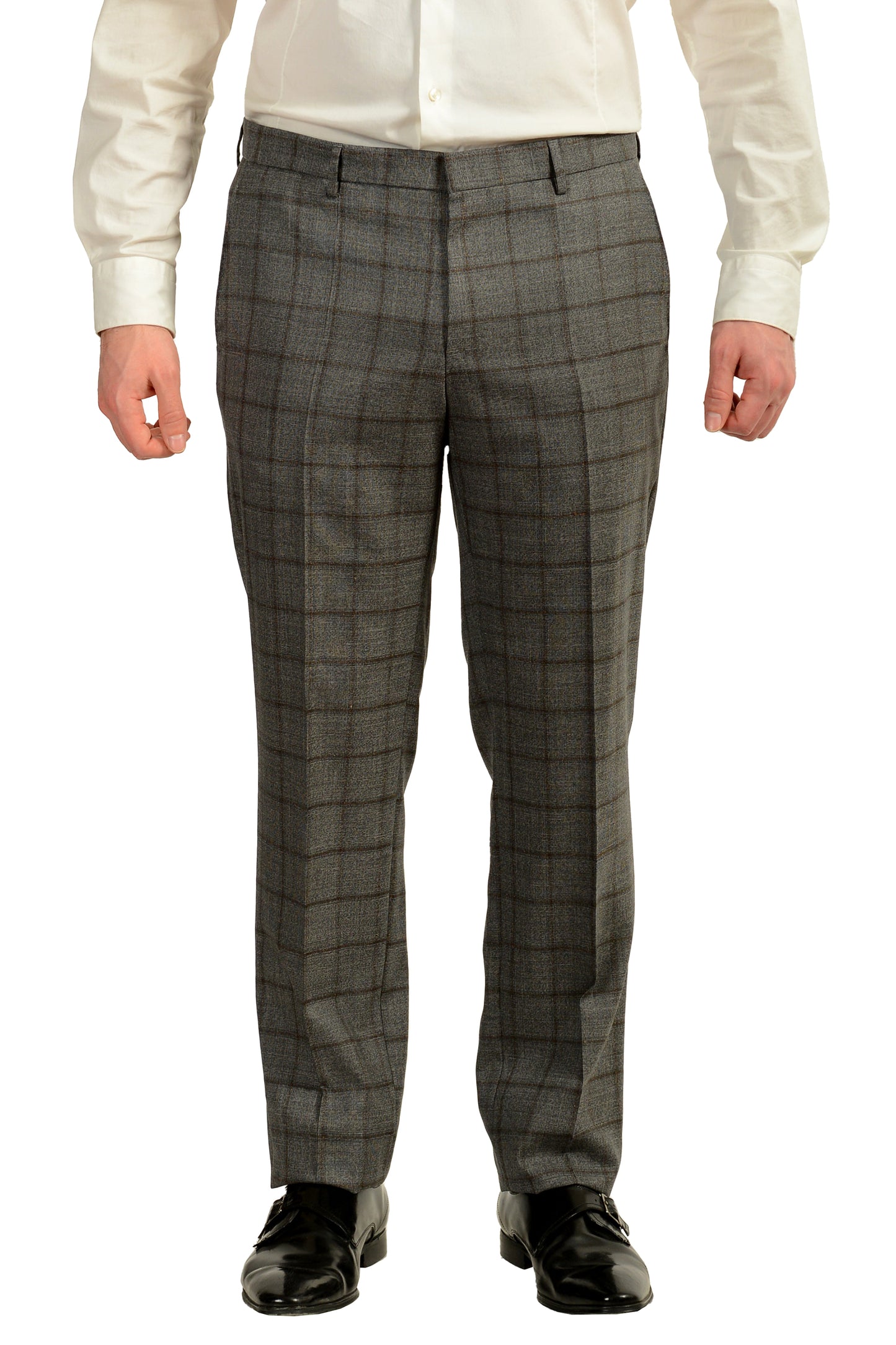 Hugo Boss Men's "Novan5/Ben2" Slim Fit Gray Plaid 100% Wool Suit US 36R IT 46R