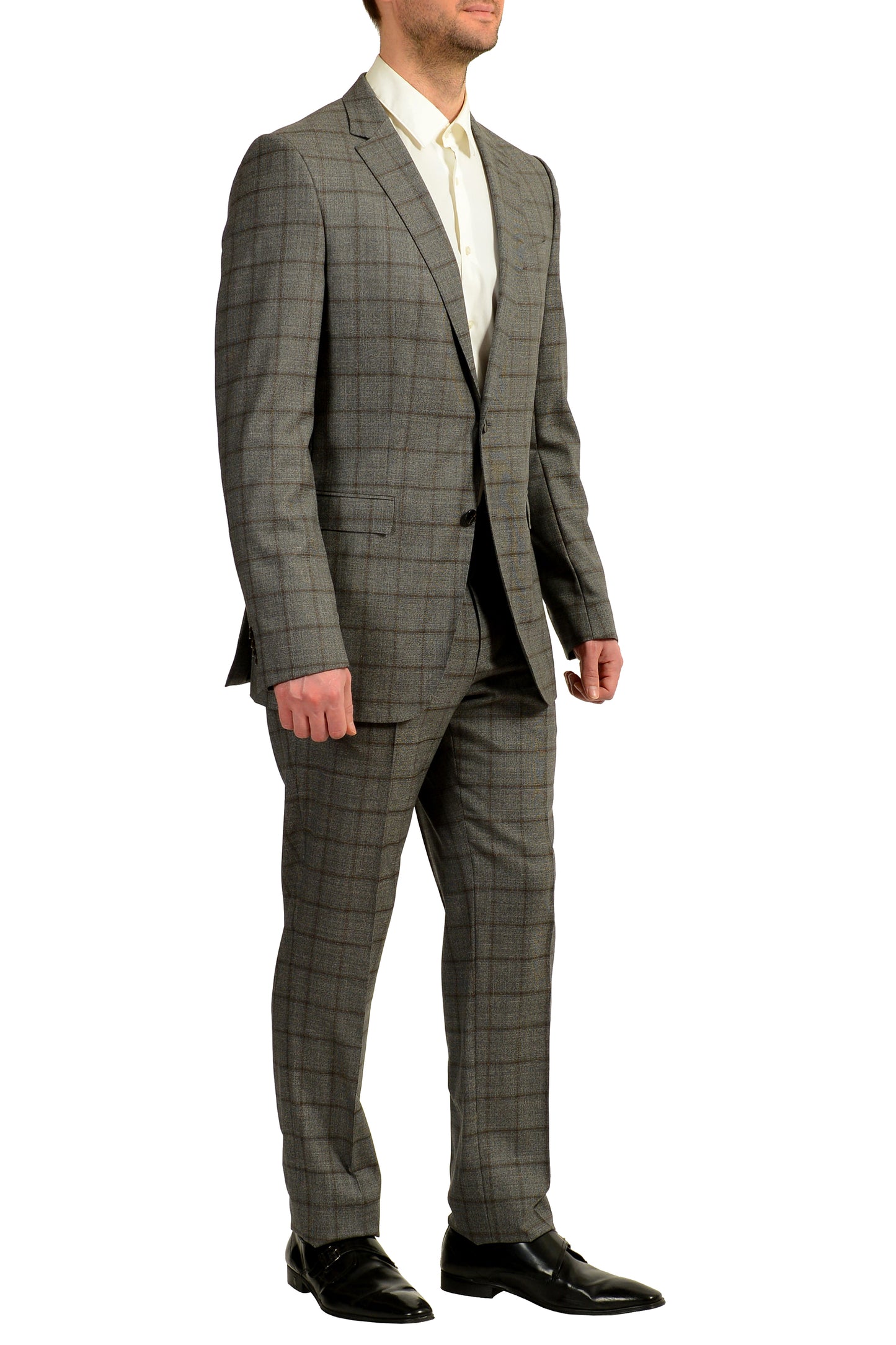 Hugo Boss Men's "Novan5/Ben2" Slim Fit Gray Plaid 100% Wool Suit US 36R IT 46R