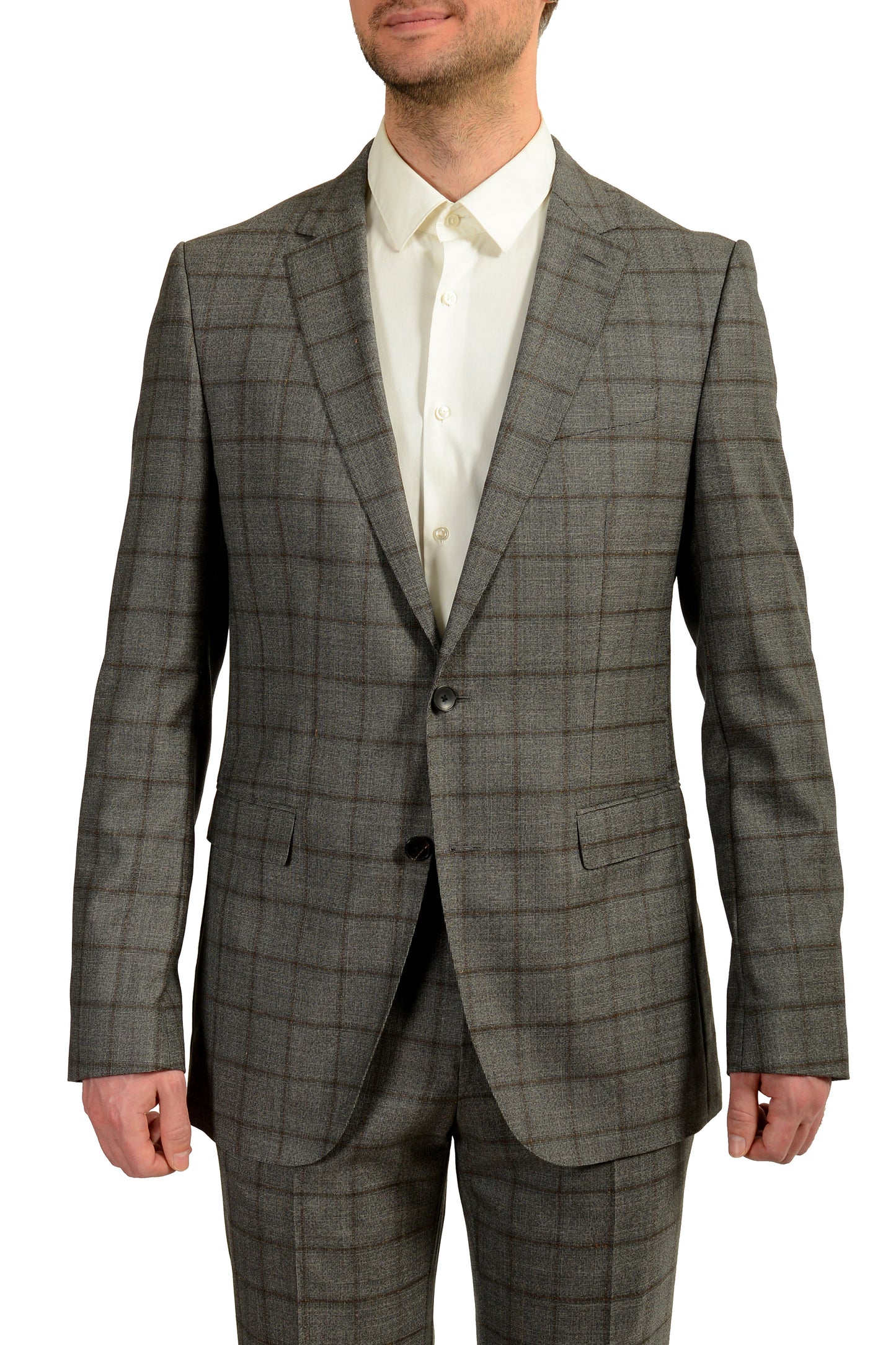 Hugo Boss Men's "Novan5/Ben2" Slim Fit Gray Plaid 100% Wool Suit US 36R IT 46R