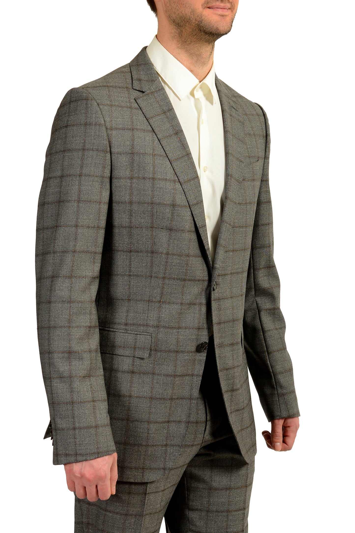 Hugo Boss Men's "Novan5/Ben2" Slim Fit Gray Plaid 100% Wool Suit US 36R IT 46R