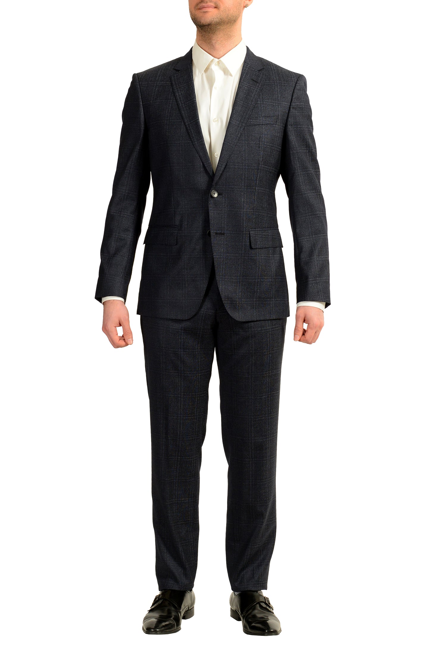 Hugo Boss Men's "Huge6/Genius5" Slim Fit 100% Wool Plaid Blue Suit US 36S IT 46S
