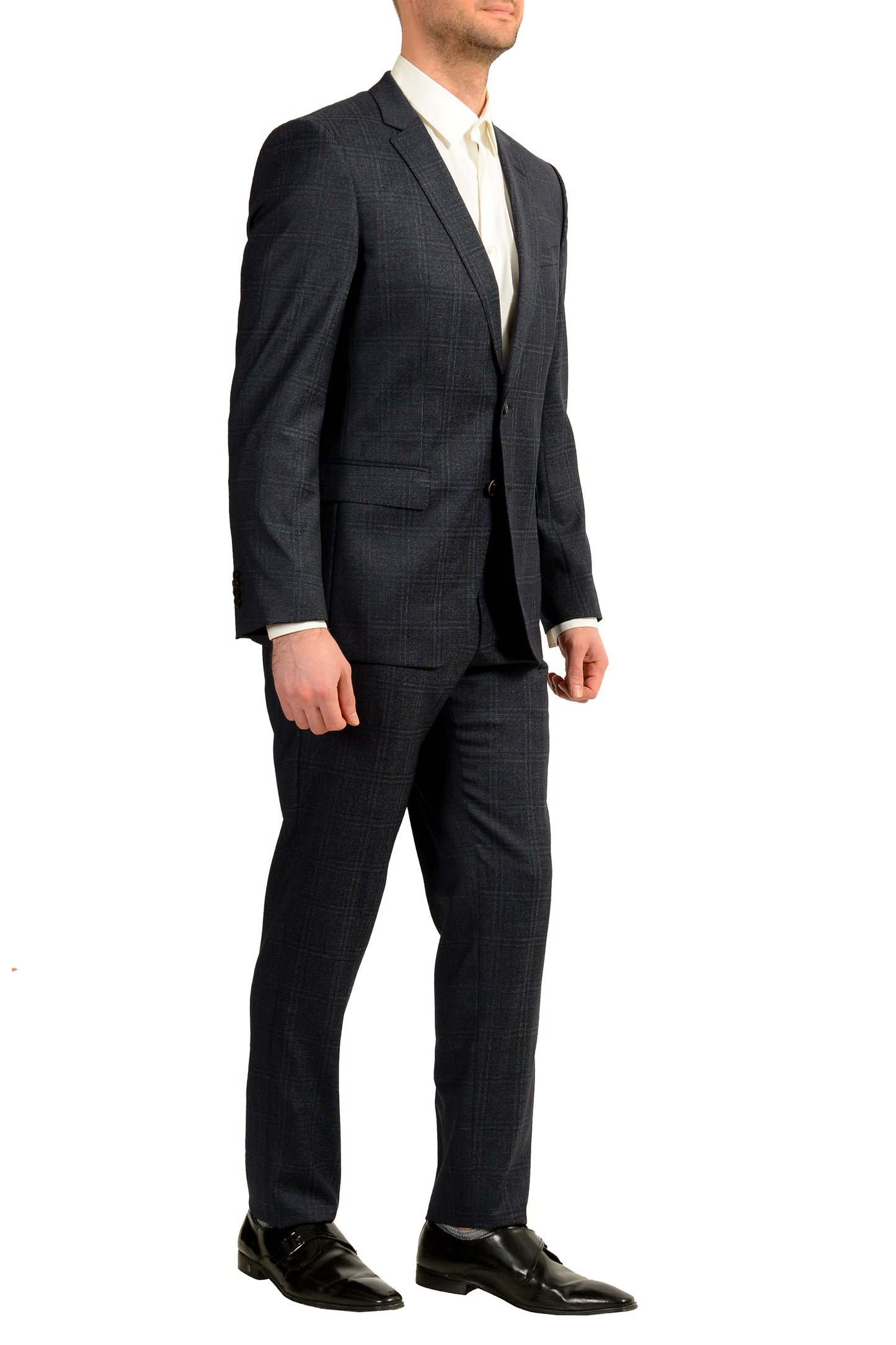 Hugo Boss Men's "Huge6/Genius5" Slim Fit 100% Wool Plaid Blue Suit US 36S IT 46S