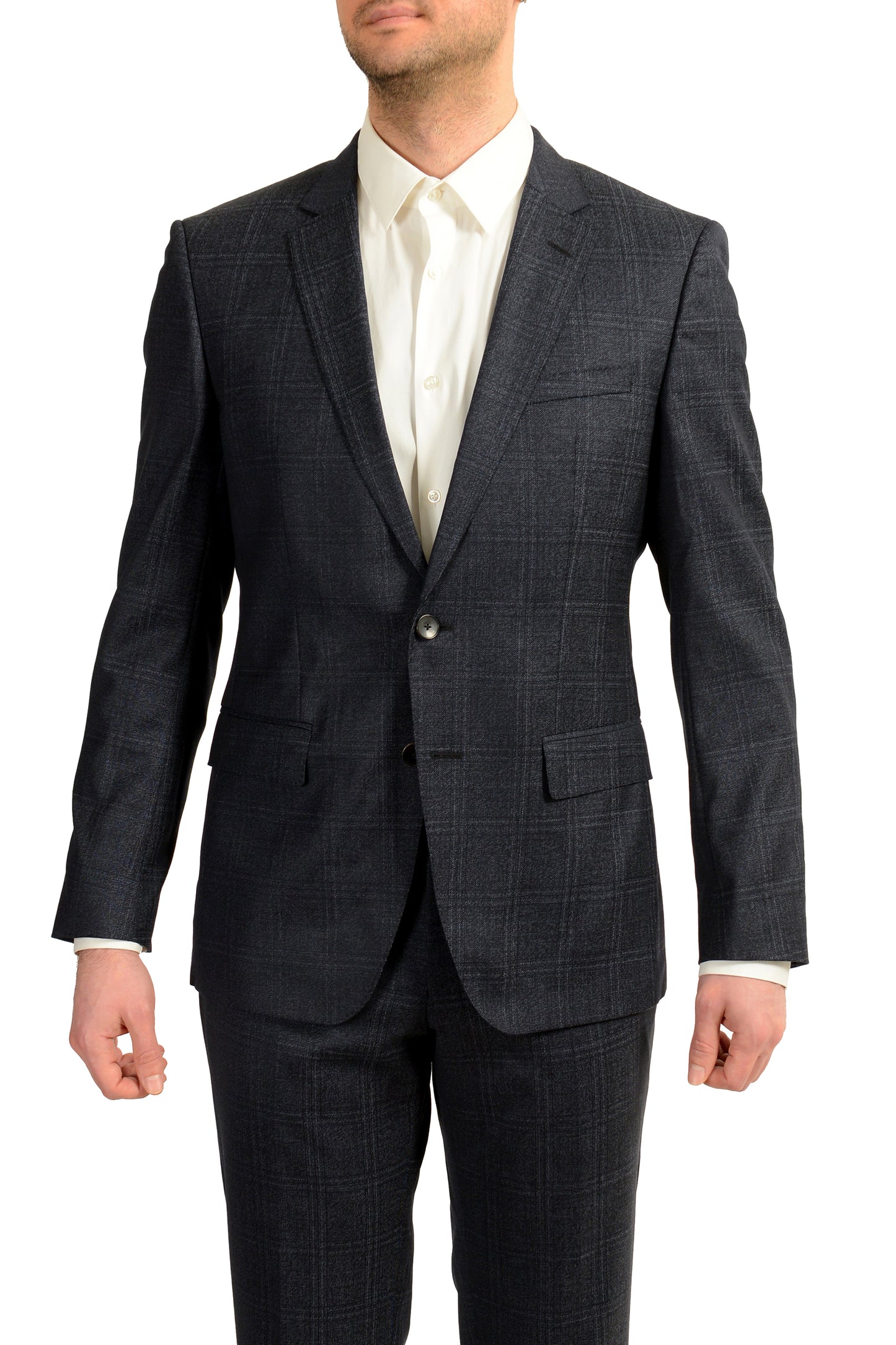 Hugo Boss Men's "Huge6/Genius5" Slim Fit 100% Wool Plaid Blue Suit US 36S IT 46S