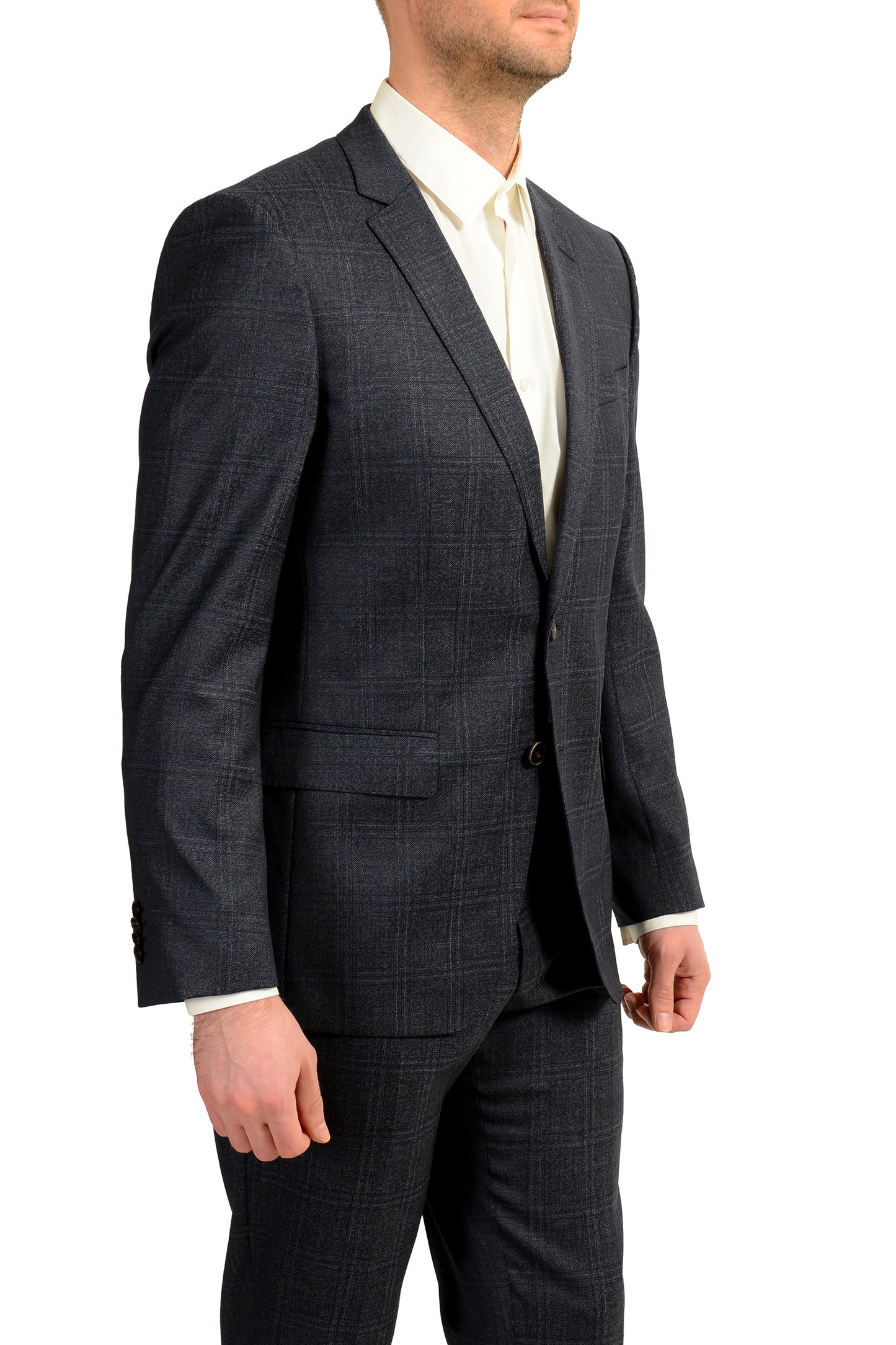 Hugo Boss Men's "Huge6/Genius5" Slim Fit 100% Wool Plaid Blue Suit US 36S IT 46S