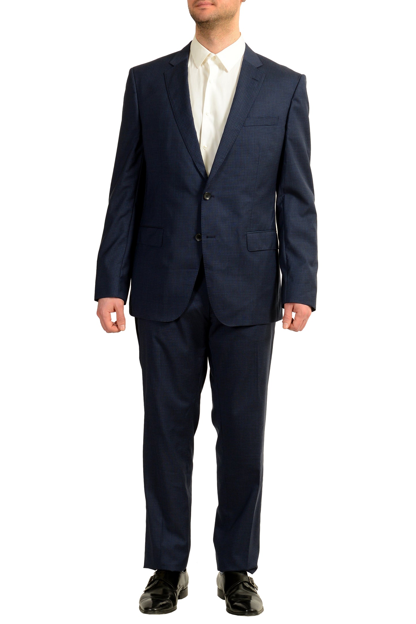 Hugo Boss Men's "Huge6/Genius5" Slim Fit 100% Wool Plaid Blue Suit US 44R IT 54R