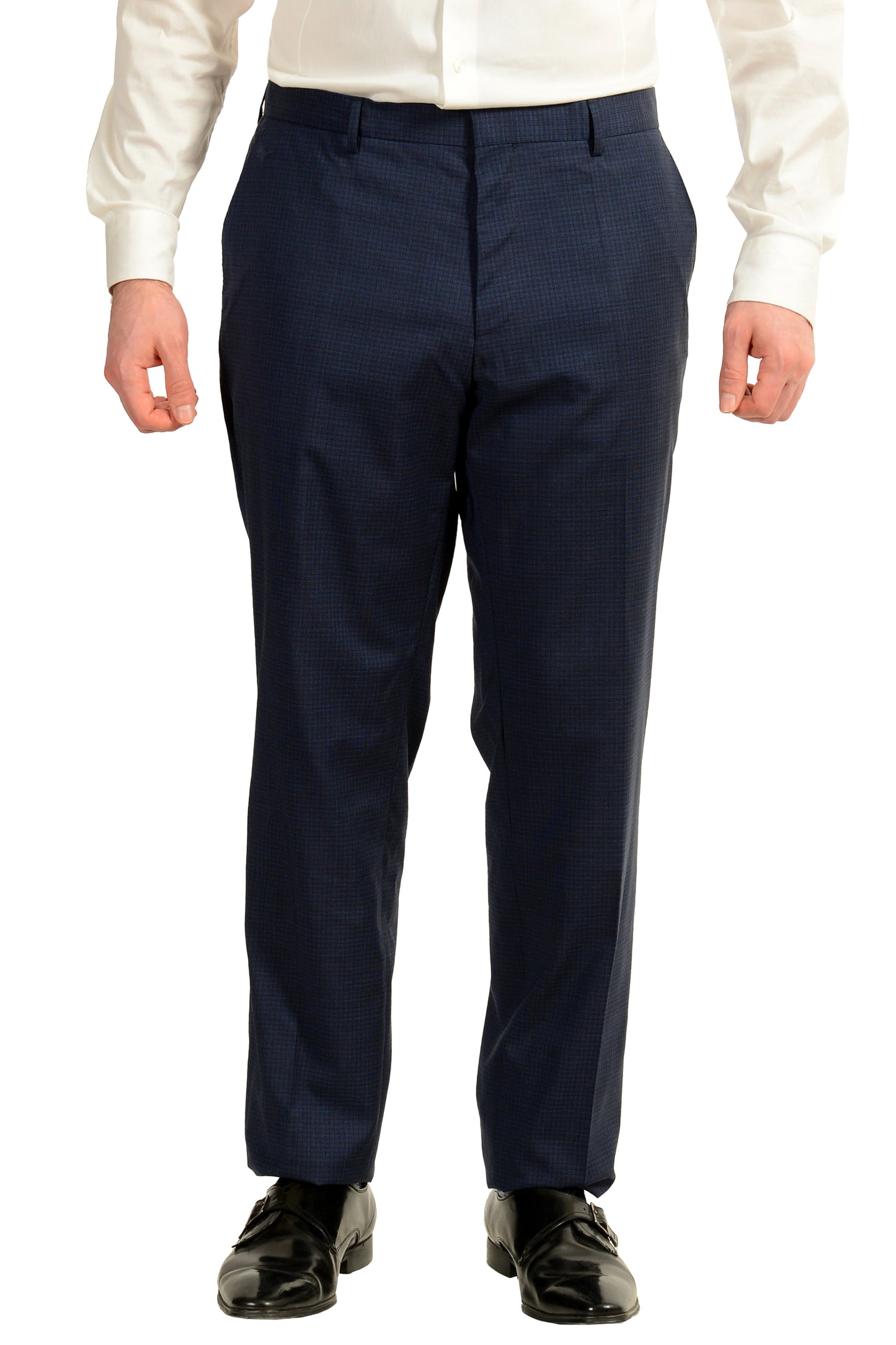 Hugo Boss Men's "Huge6/Genius5" Slim Fit 100% Wool Plaid Blue Suit US 44R IT 54R