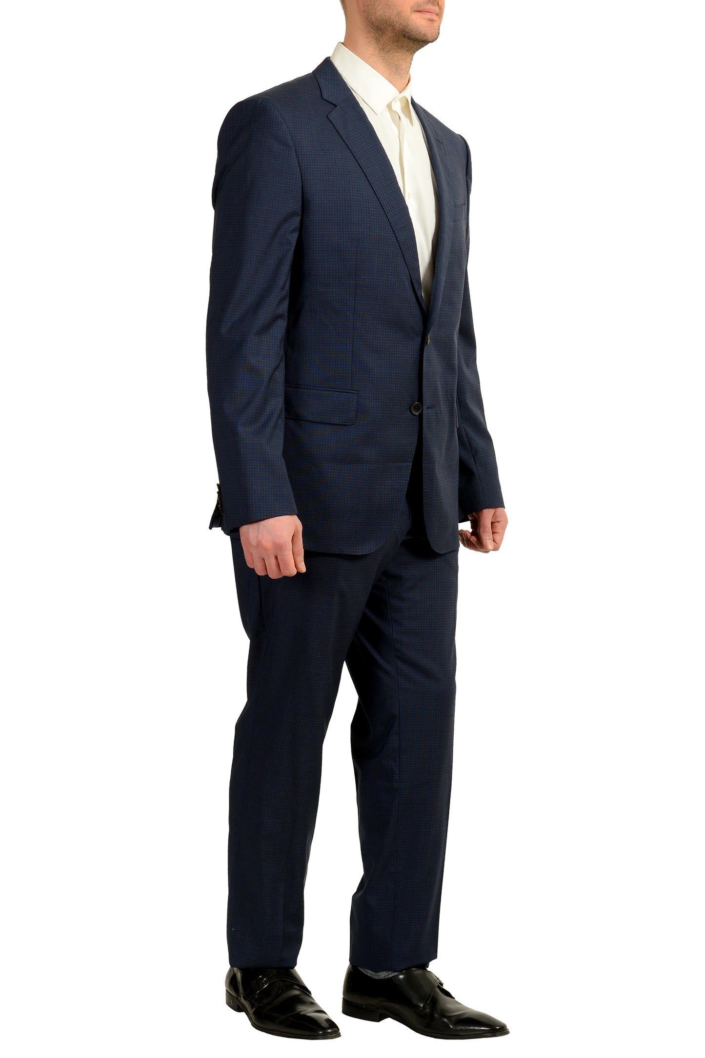 Hugo Boss Men's "Huge6/Genius5" Slim Fit 100% Wool Plaid Blue Suit US 44R IT 54R