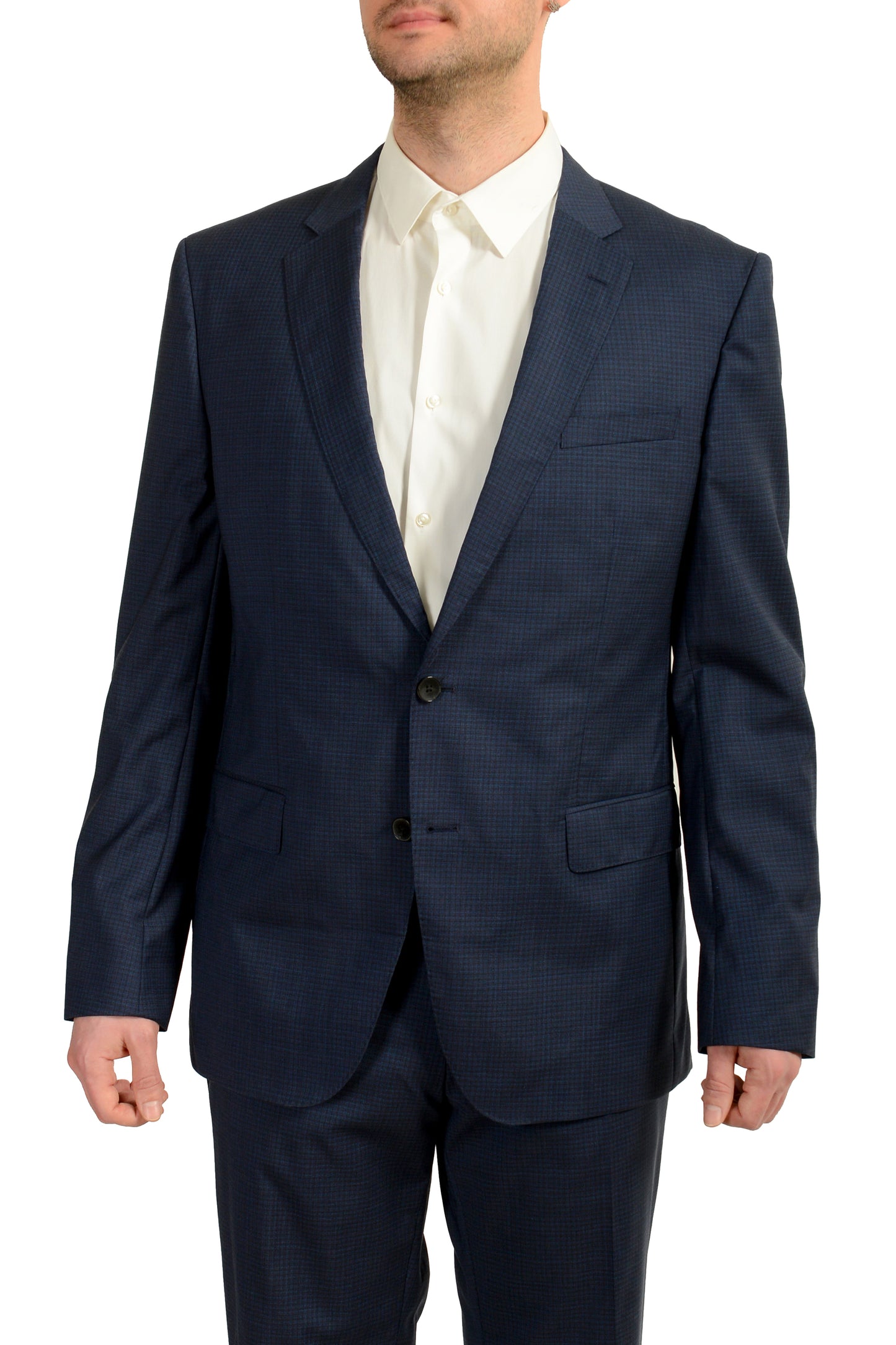 Hugo Boss Men's "Huge6/Genius5" Slim Fit 100% Wool Plaid Blue Suit US 44R IT 54R
