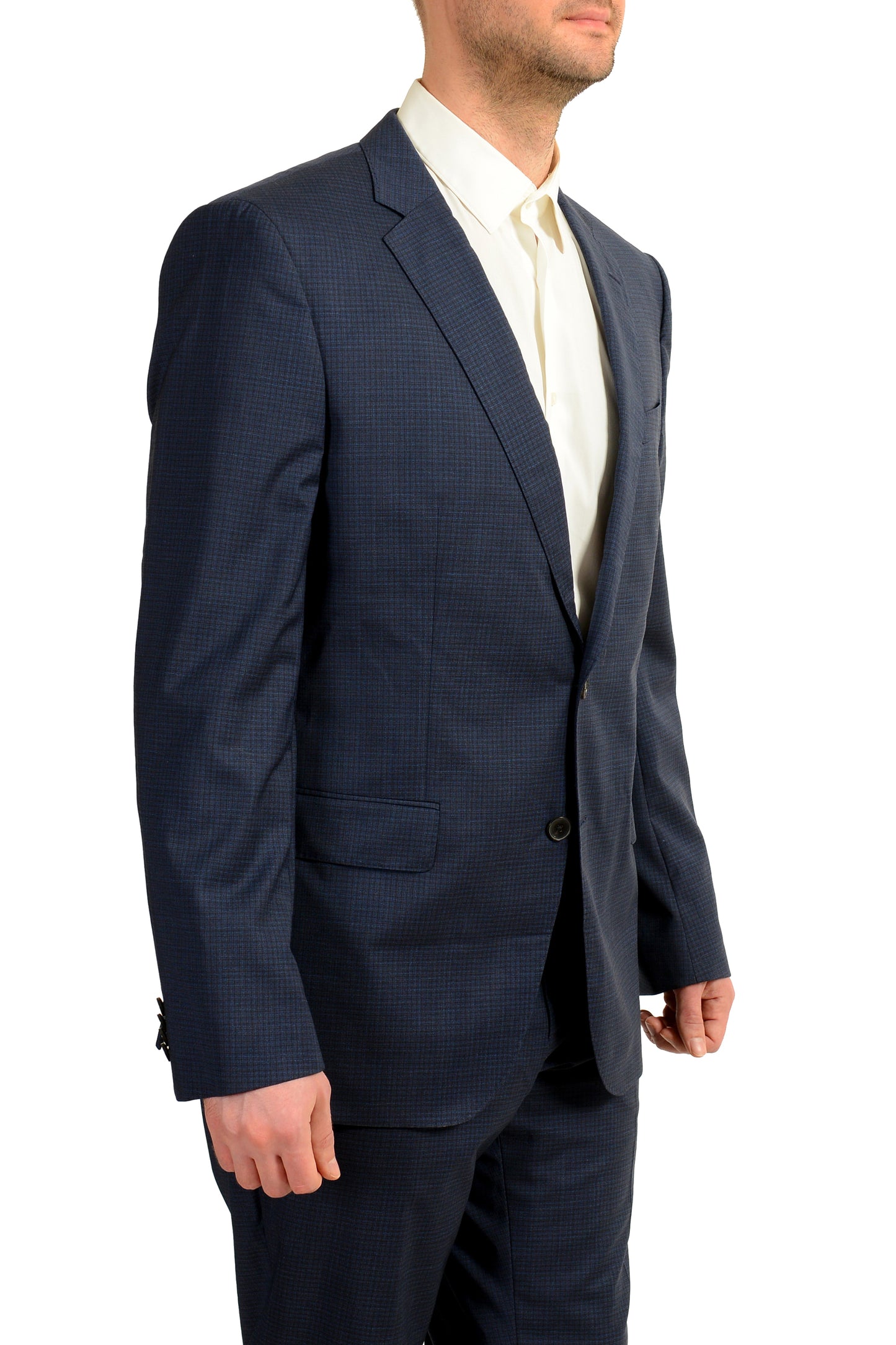 Hugo Boss Men's "Huge6/Genius5" Slim Fit 100% Wool Plaid Blue Suit US 44R IT 54R