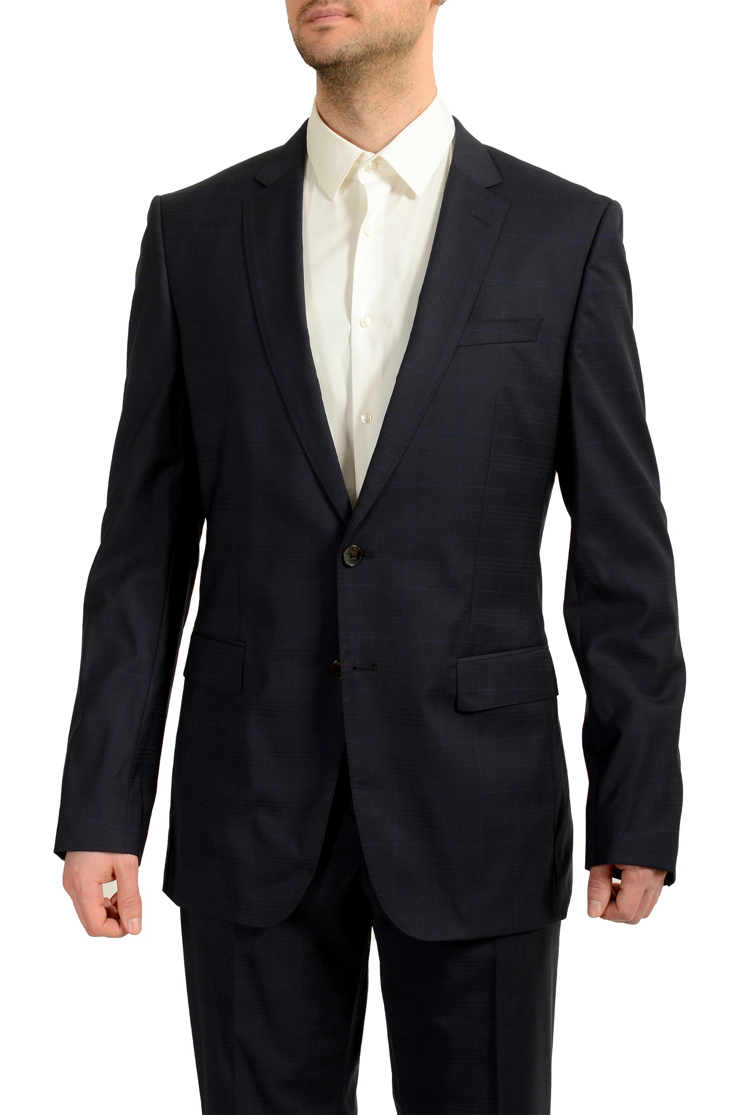 Hugo Boss Men's "Huge6/Genius5" Slim Fit Blue 100% Wool Plaid Suit US 36R IT 46R