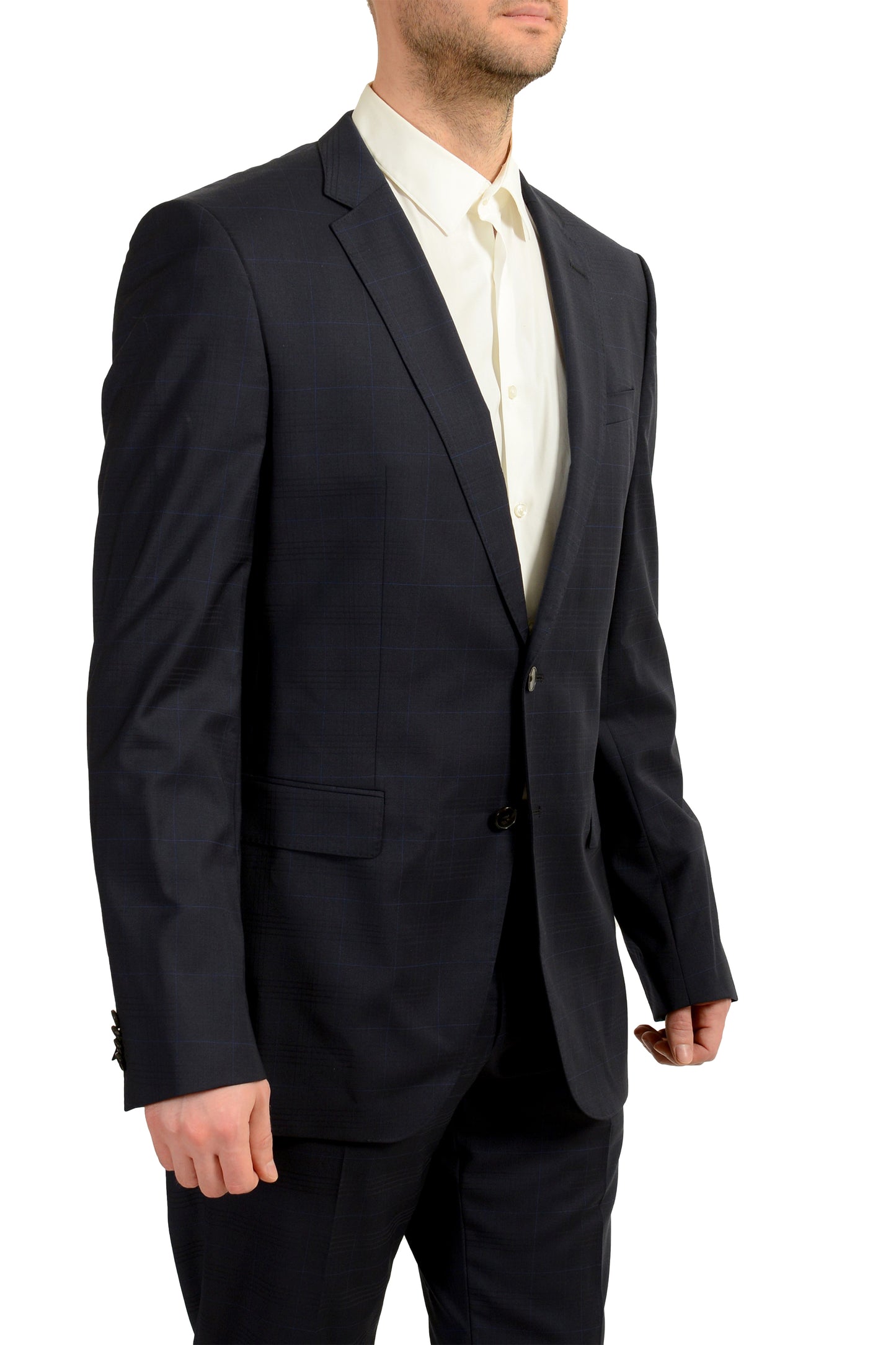Hugo Boss Men's "Huge6/Genius5" Slim Fit Blue 100% Wool Plaid Suit US 36R IT 46R