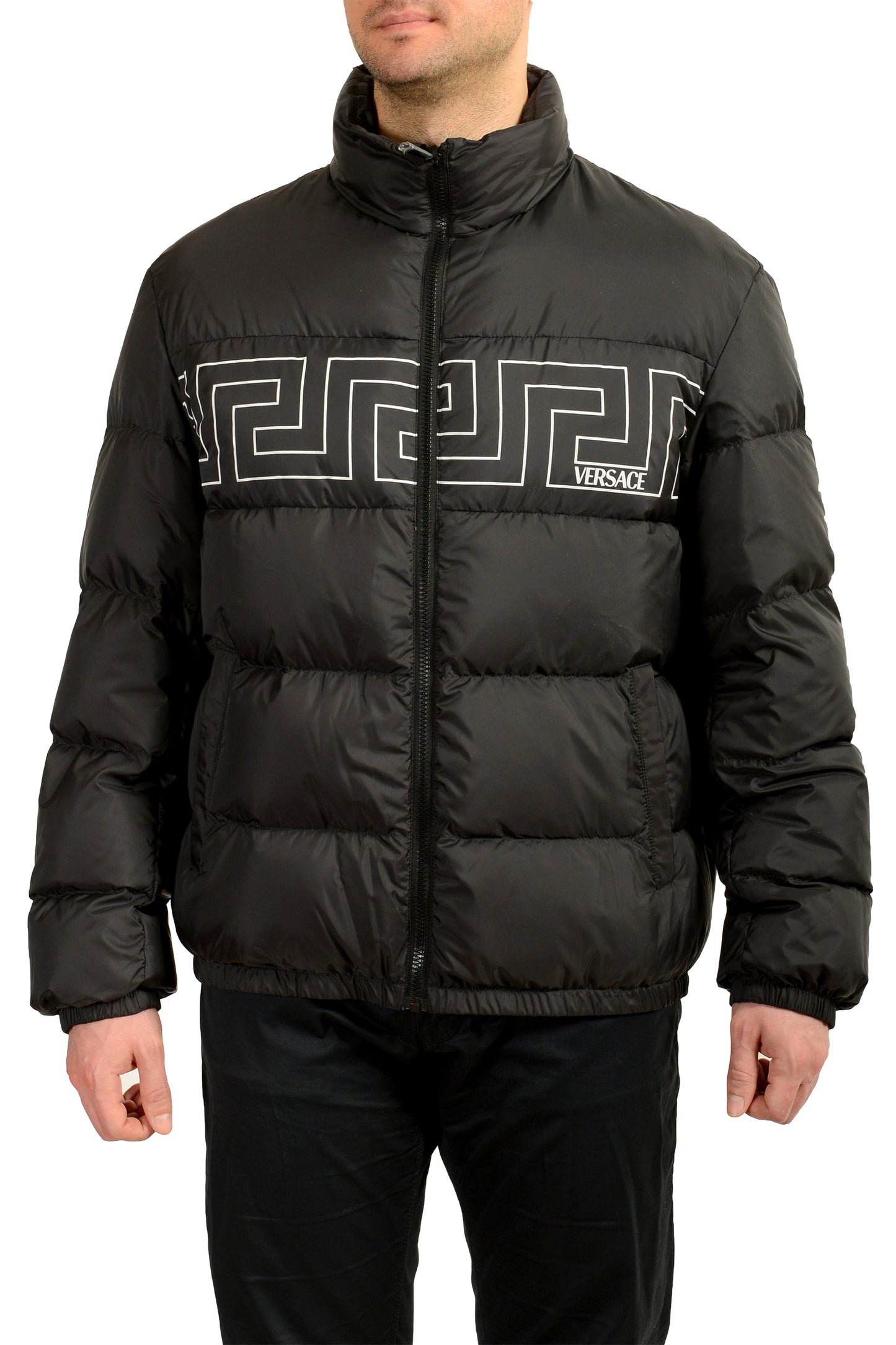 Versace Men's Black Greeca Print Full Zip Down Parka Jacket US L IT 52