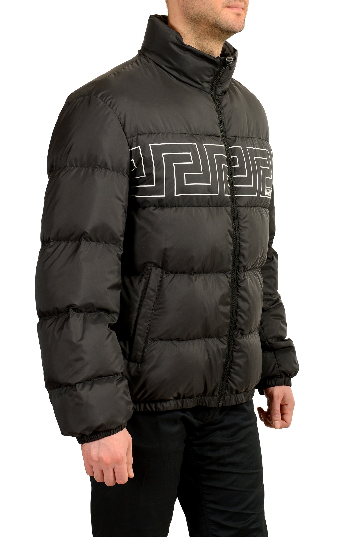 Versace Men's Black Greeca Print Full Zip Down Parka Jacket US XL IT 54