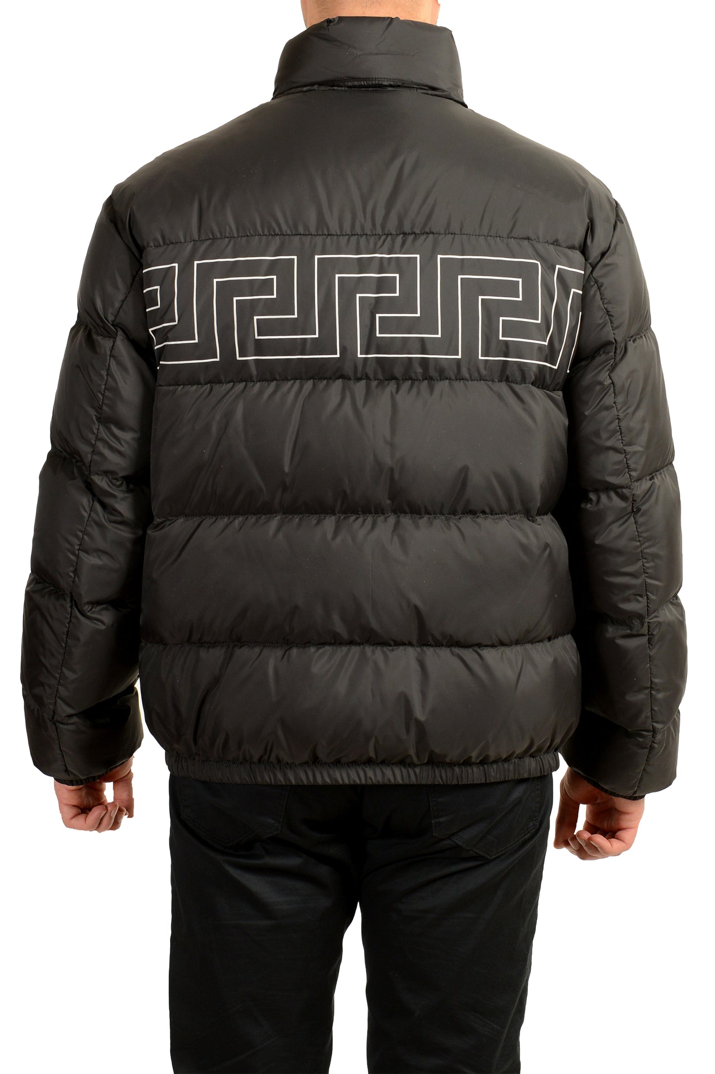 Versace Men's Black Greeca Print Full Zip Down Parka Jacket US XL IT 54