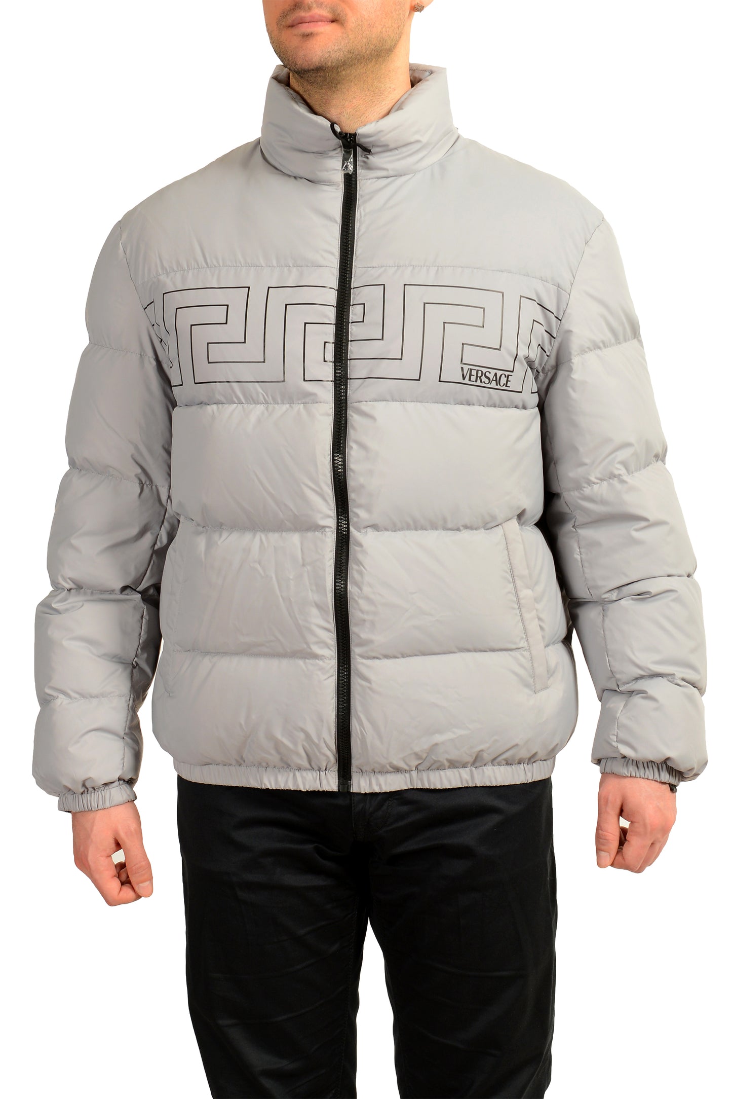 Versace Men's Gray Greeca Print Full Zip Down Parka Jacket US L IT 52