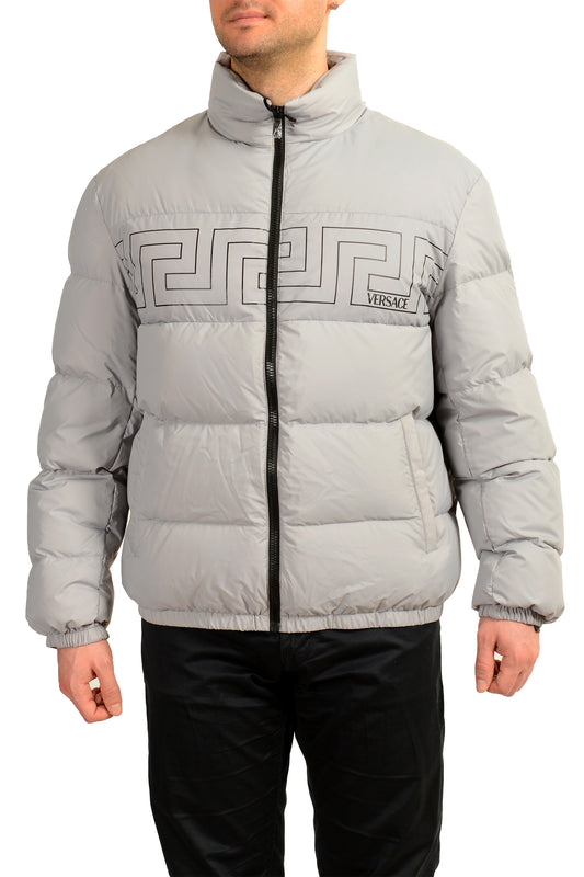 Versace Men's Gray Greeca Print Full Zip Down Parka Jacket US L IT 52