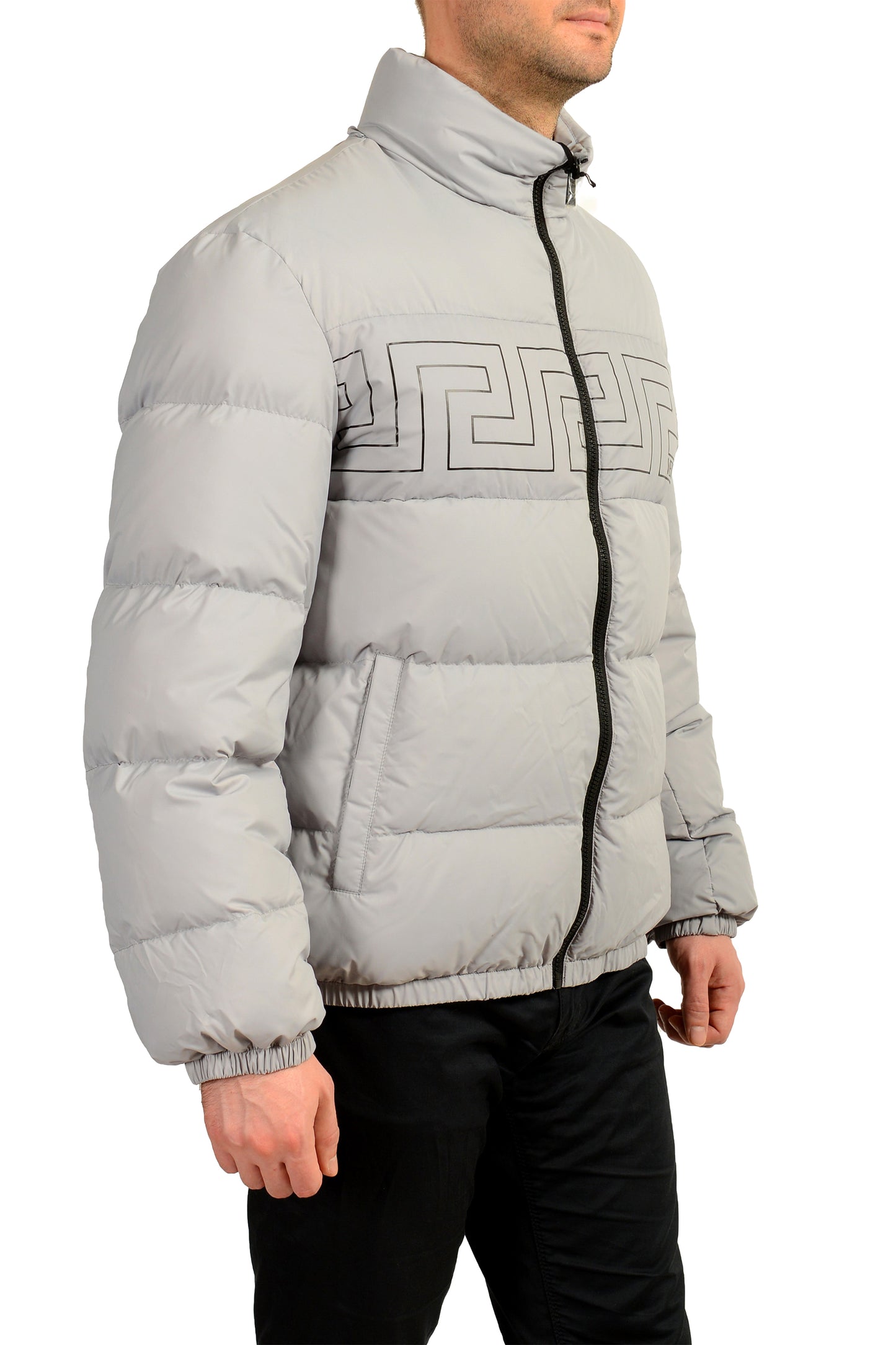 Versace Men's Gray Greeca Print Full Zip Down Parka Jacket US L IT 52