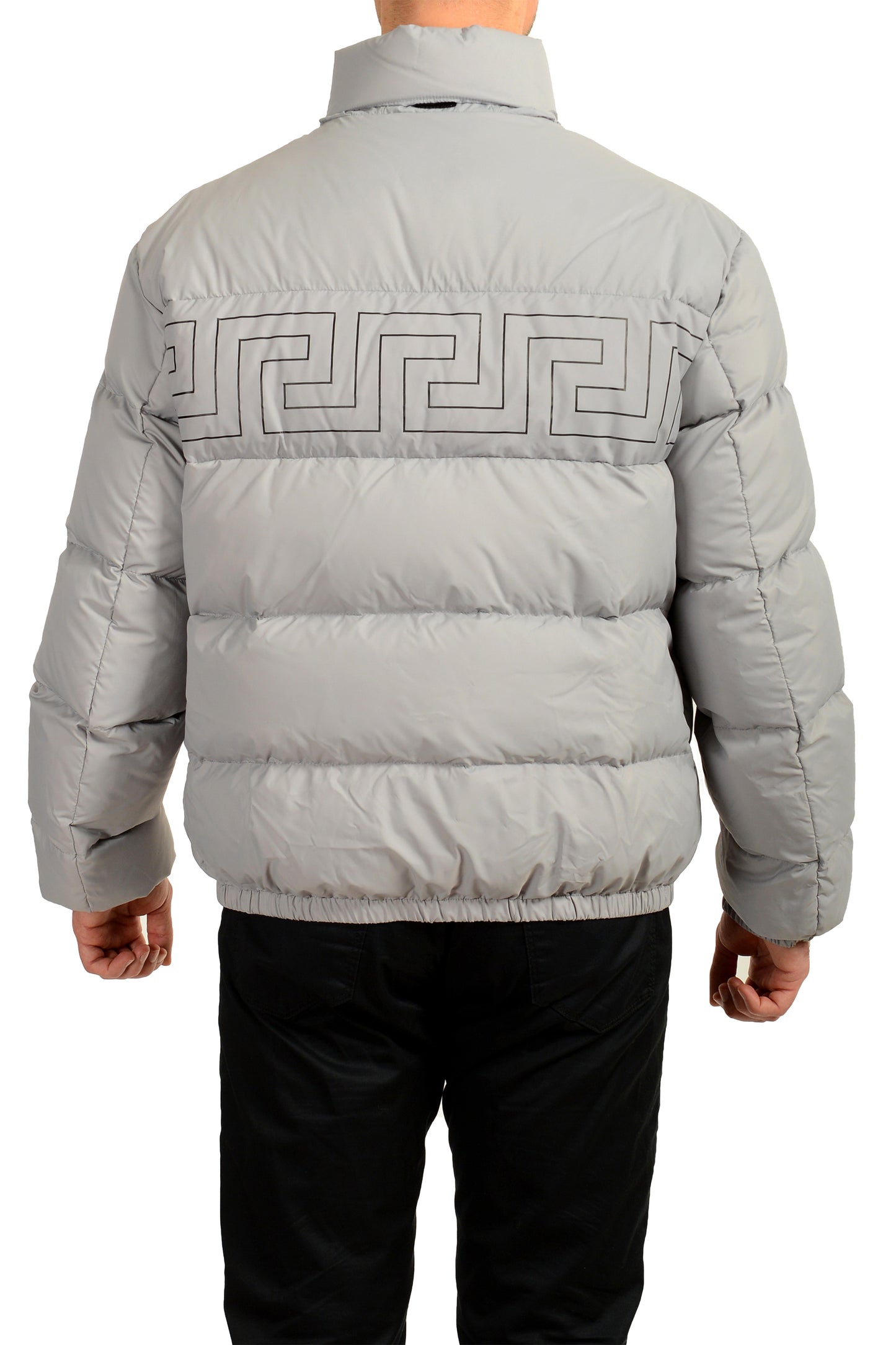 Versace Men's Gray Greeca Print Full Zip Down Parka Jacket US L IT 52