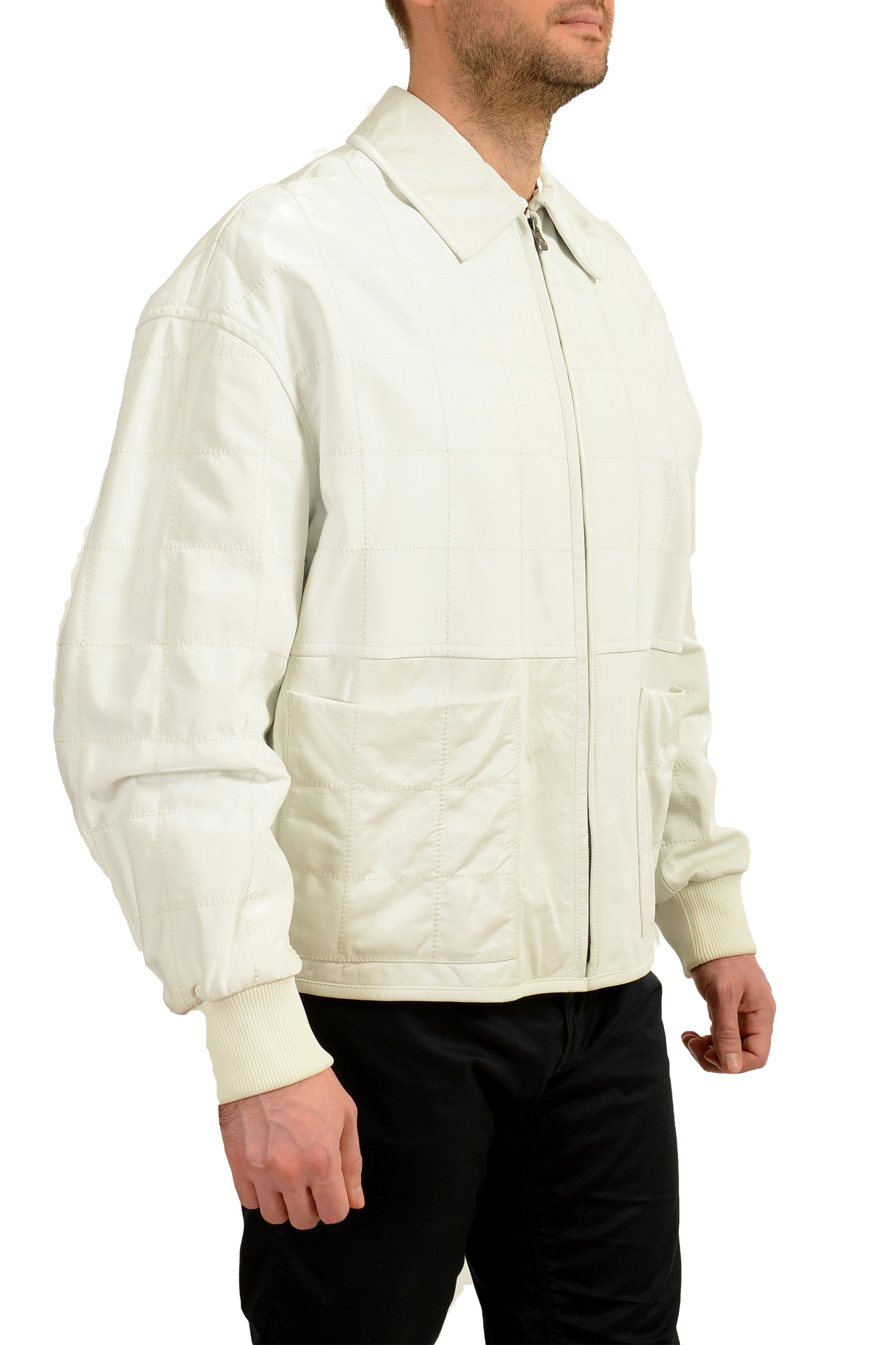 Scuderia Ferrari Men's White "Liquid" 100% Leather Bomber Jacket US S IT 48