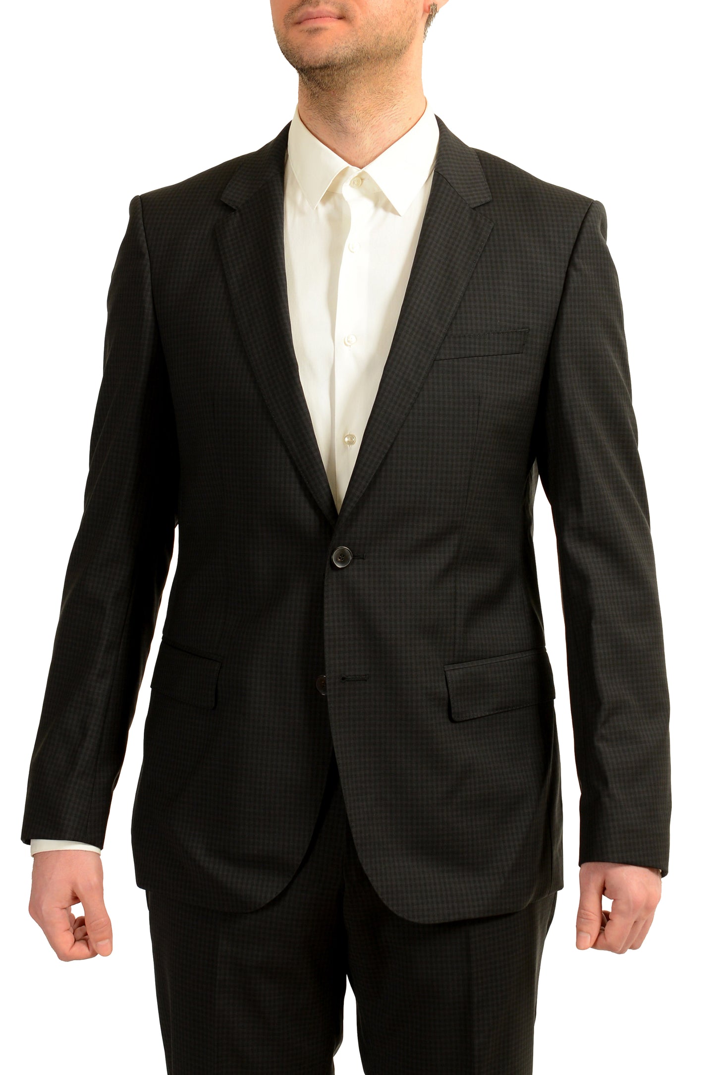 Hugo Boss Men's "Huge4/Genius3" Plaid 100% Wool Two Button Suit US 44L IT 54L